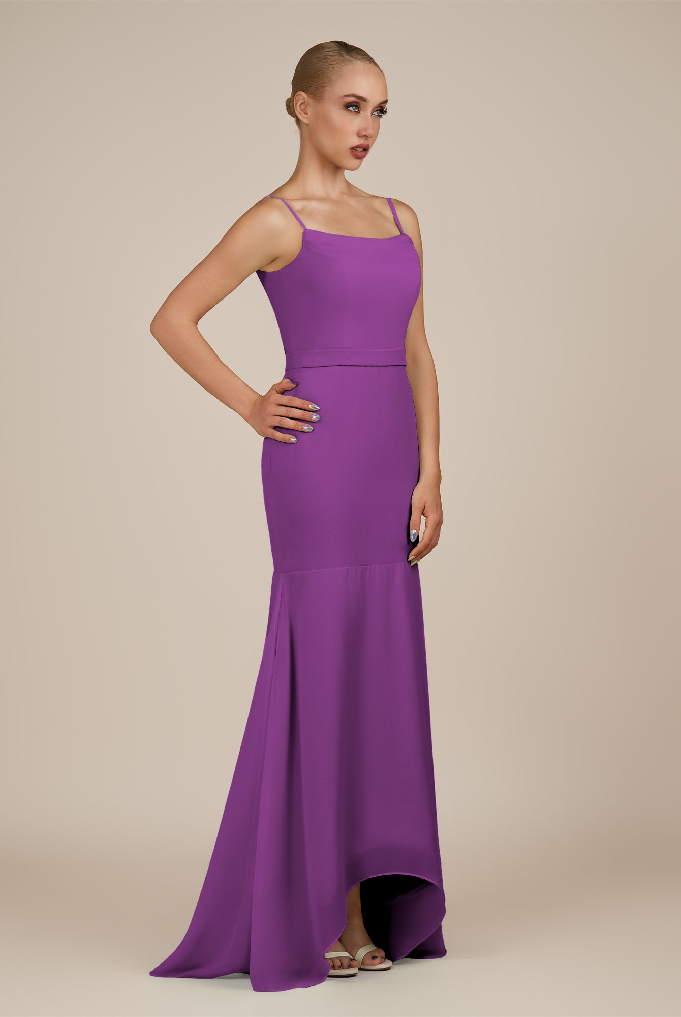 KissDress-Virelai Amethyst Sheath Scoop Neck Chiffon Long Bridesmaid Dress