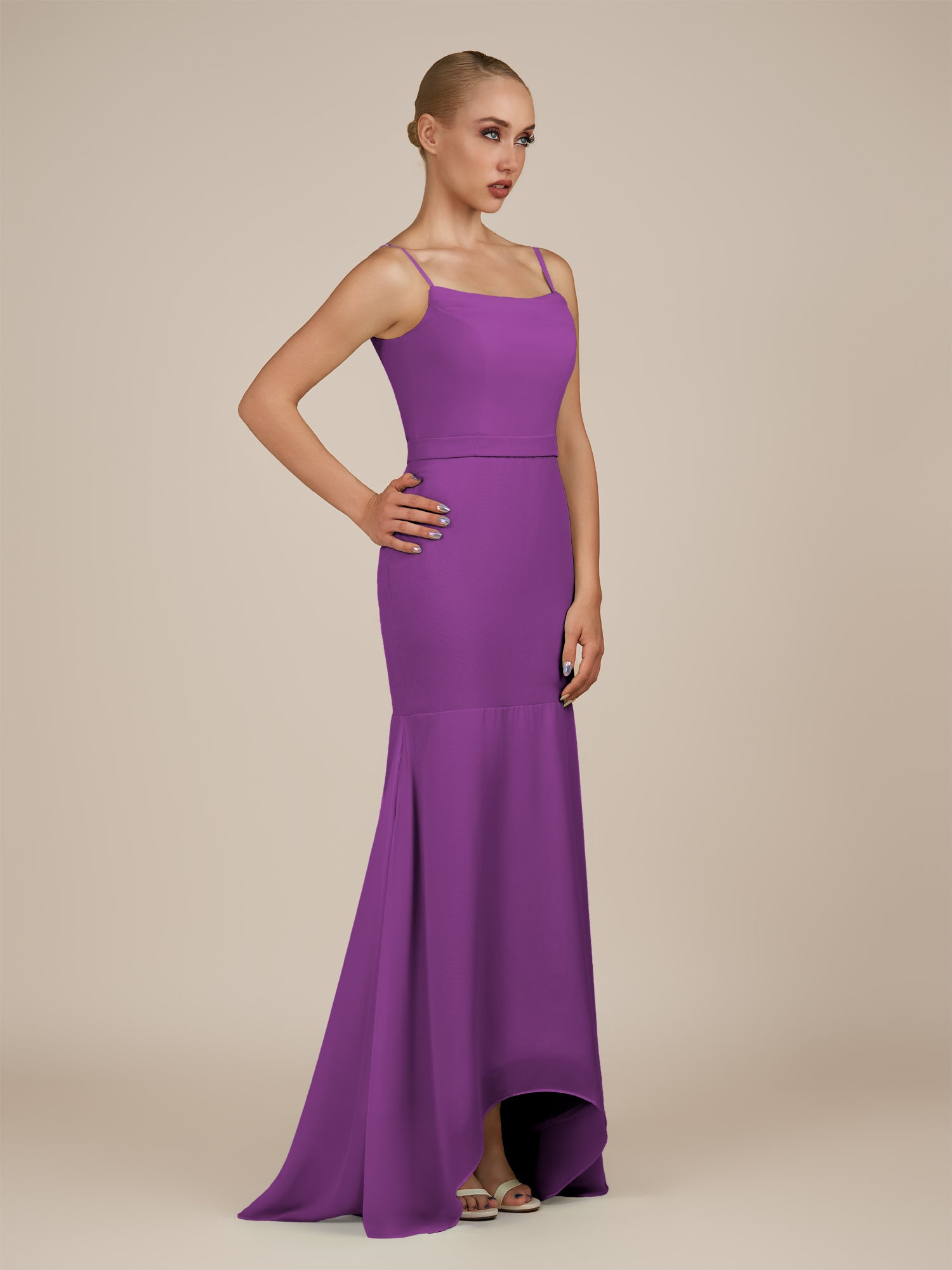 KissDress-Virelai Amethyst Sheath Scoop Neck Chiffon Long Bridesmaid Dress