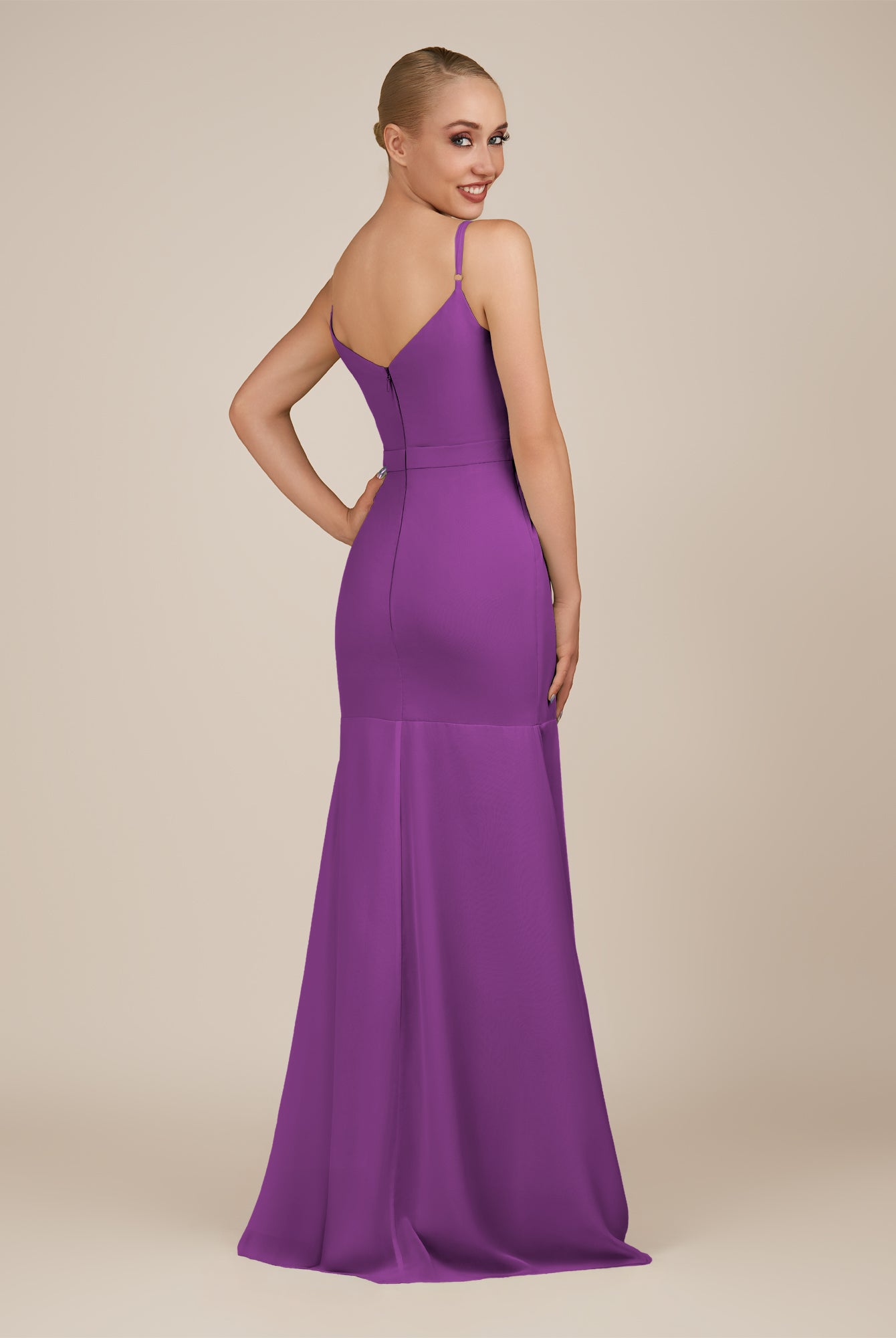 KissDress-Virelai Amethyst Sheath Scoop Neck Chiffon Long Bridesmaid Dress