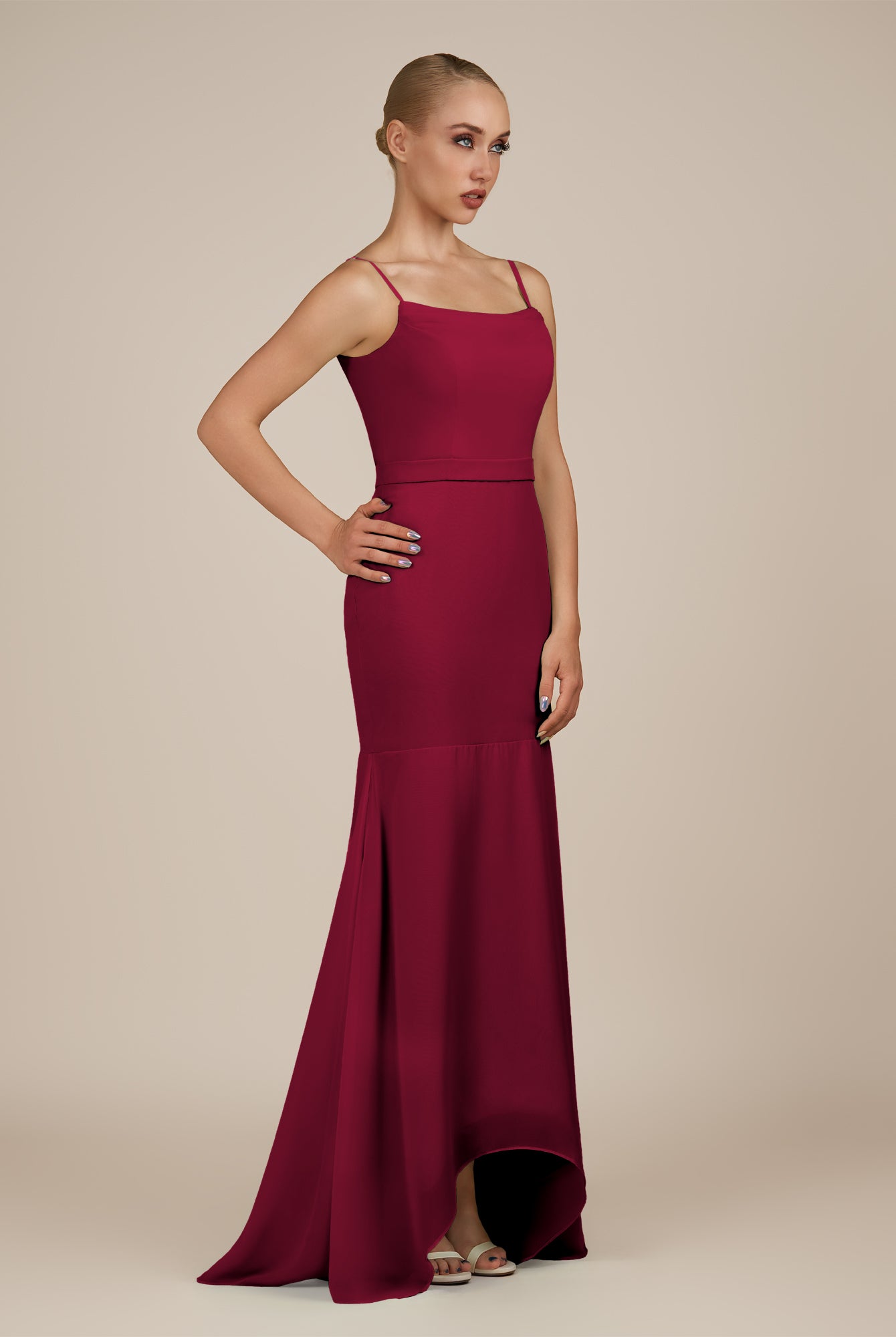 KissDress-Virelai Berry Sheath Scoop Neck Chiffon Long Bridesmaid Dress
