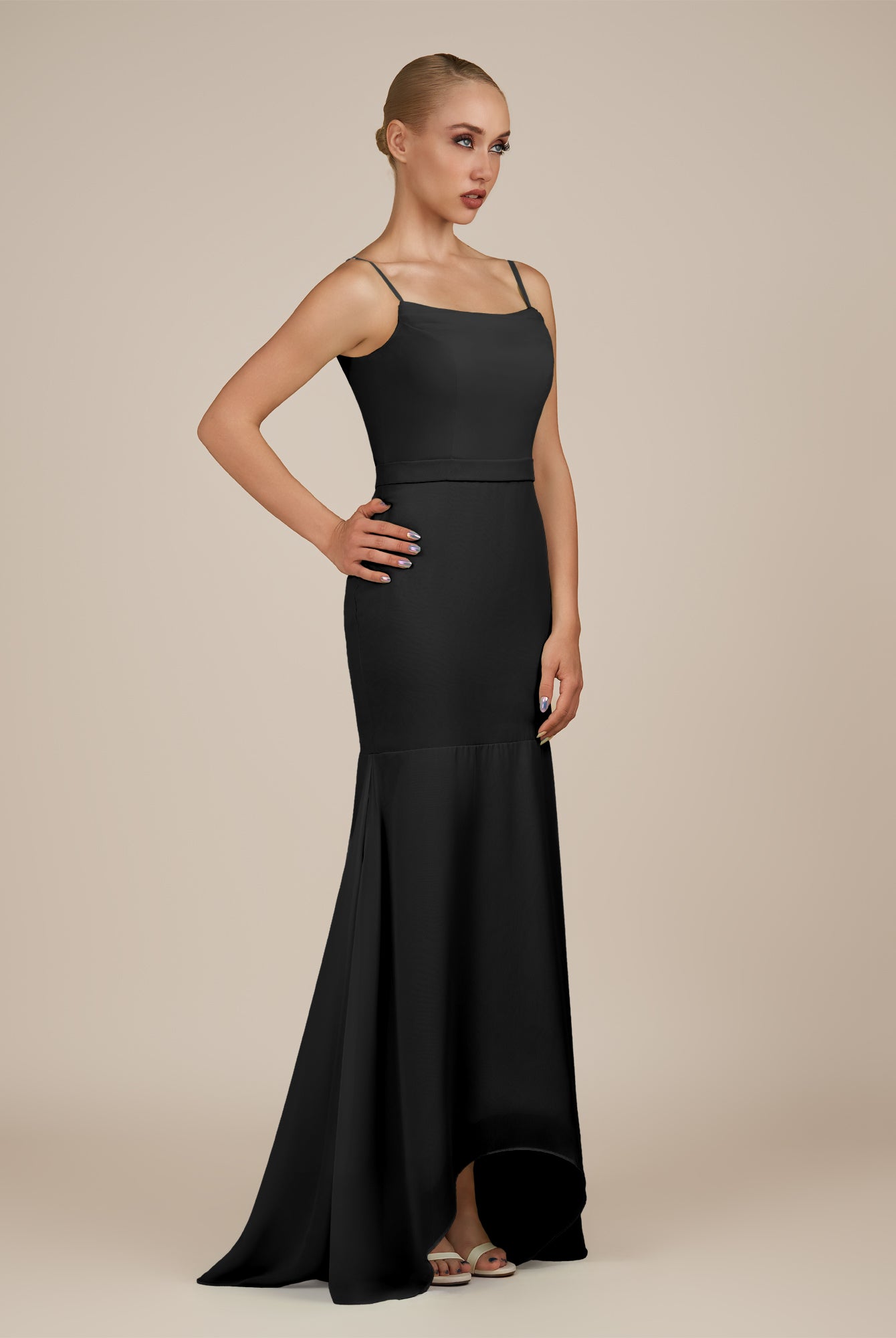 KissDress-Virelai Black Sheath Scoop Neck Chiffon Long Bridesmaid Dress
