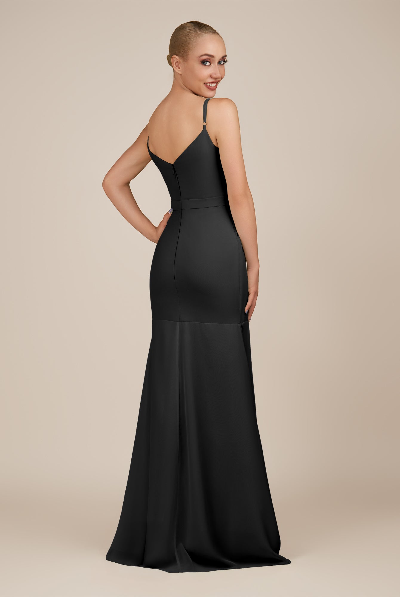 KissDress-Virelai Black Sheath Scoop Neck Chiffon Long Bridesmaid Dress