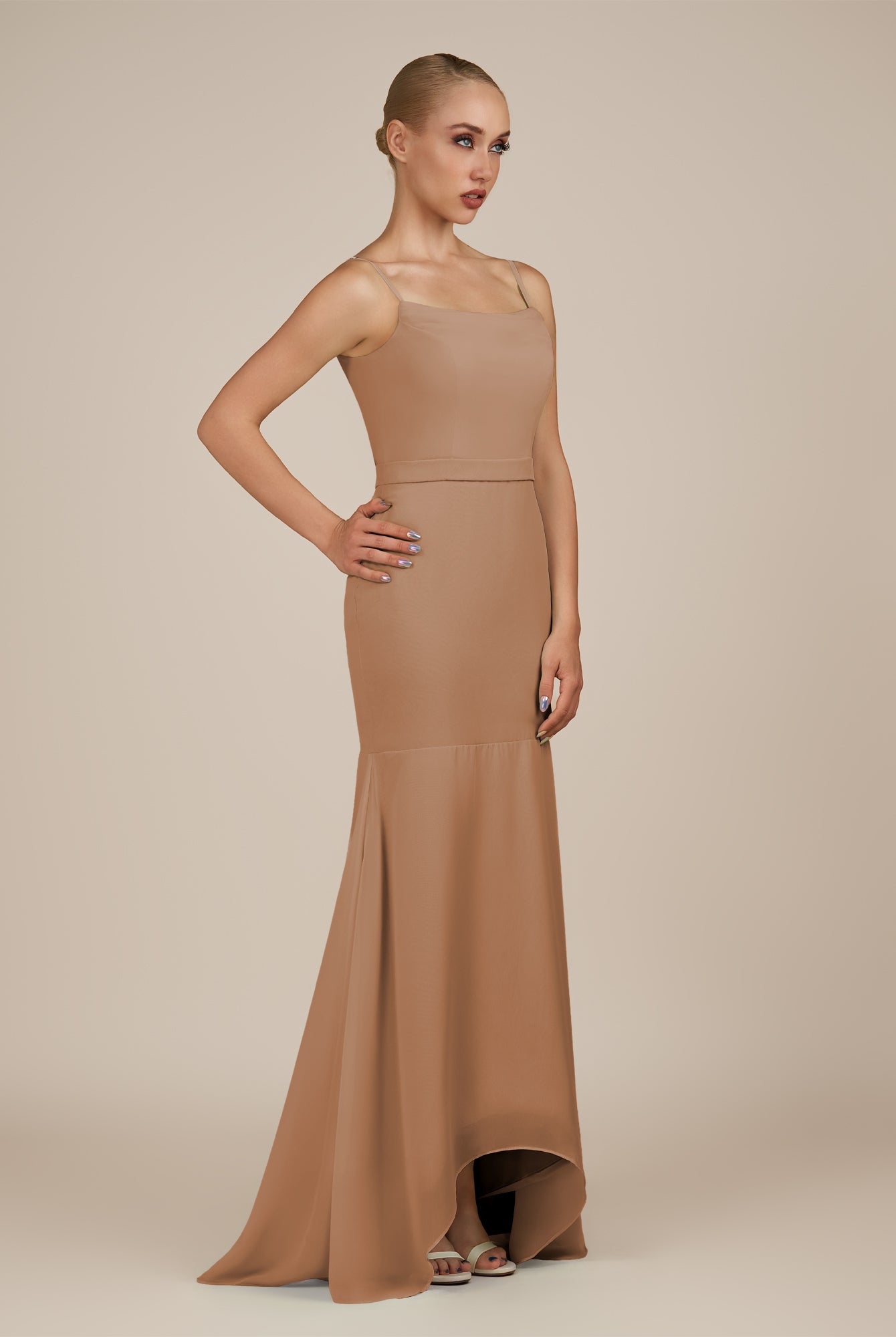 KissDress-Virelai Bronzer Sheath Scoop Neck Chiffon Long Bridesmaid Dress