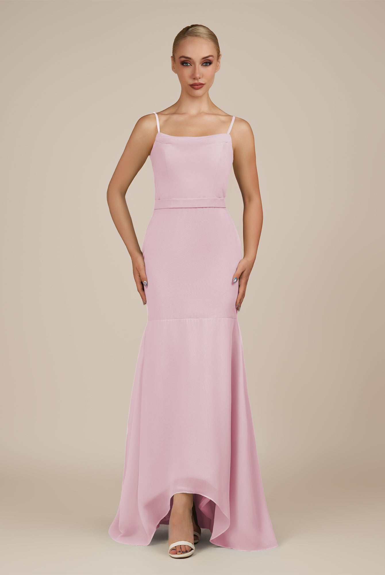 KissDress-Virelai Candy Pink Sheath Scoop Neck Chiffon Long Bridesmaid Dress