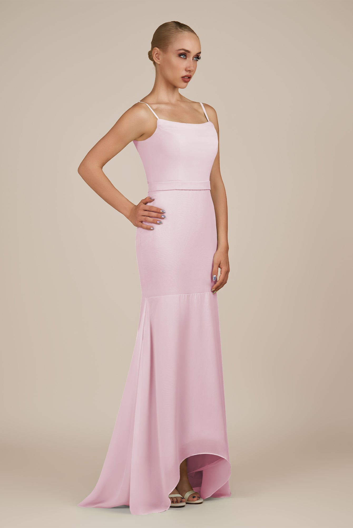 KissDress-Virelai Candy Pink Sheath Scoop Neck Chiffon Long Bridesmaid Dress