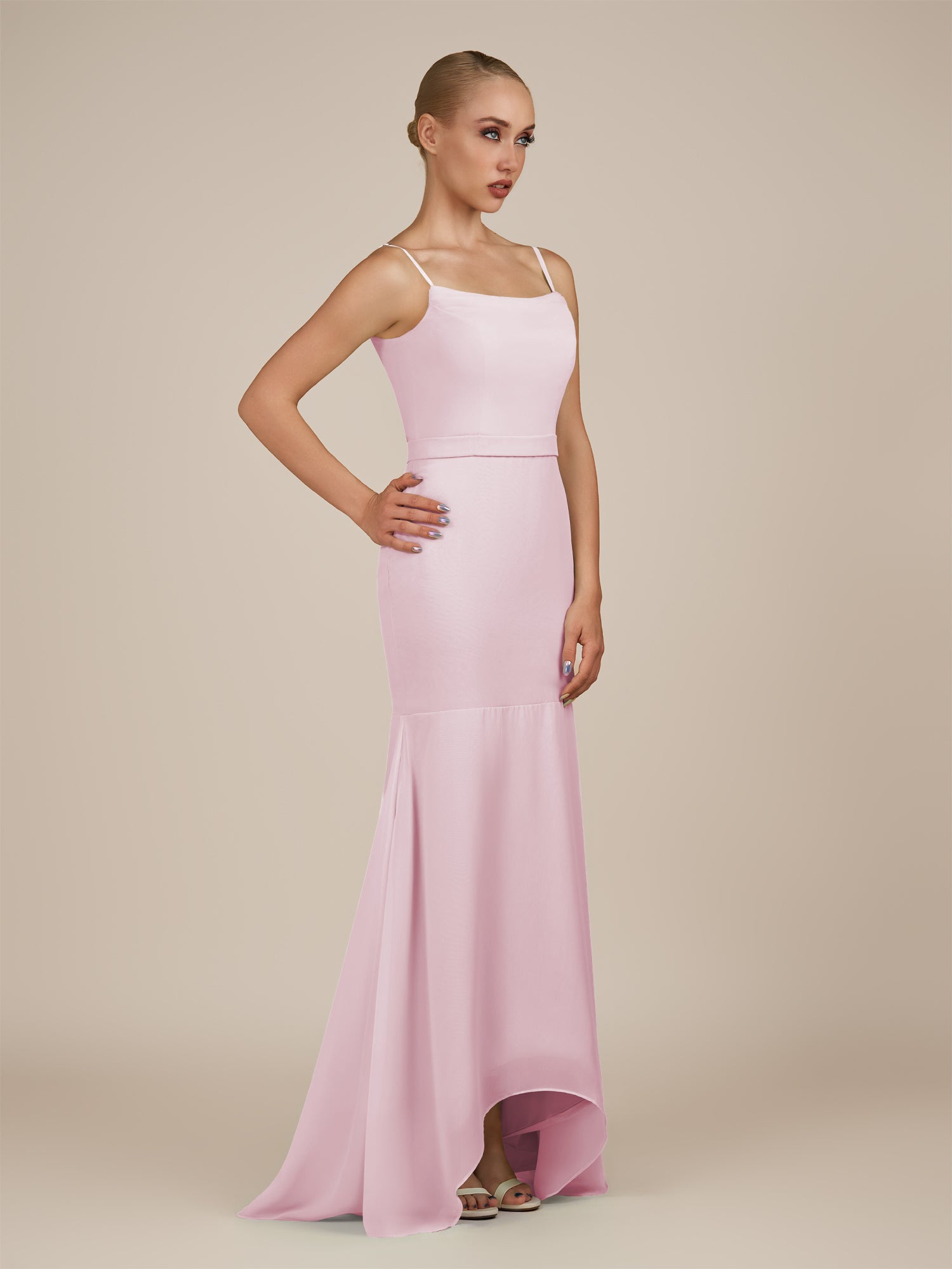 KissDress-Virelai Candy Pink Sheath Scoop Neck Chiffon Long Bridesmaid Dress