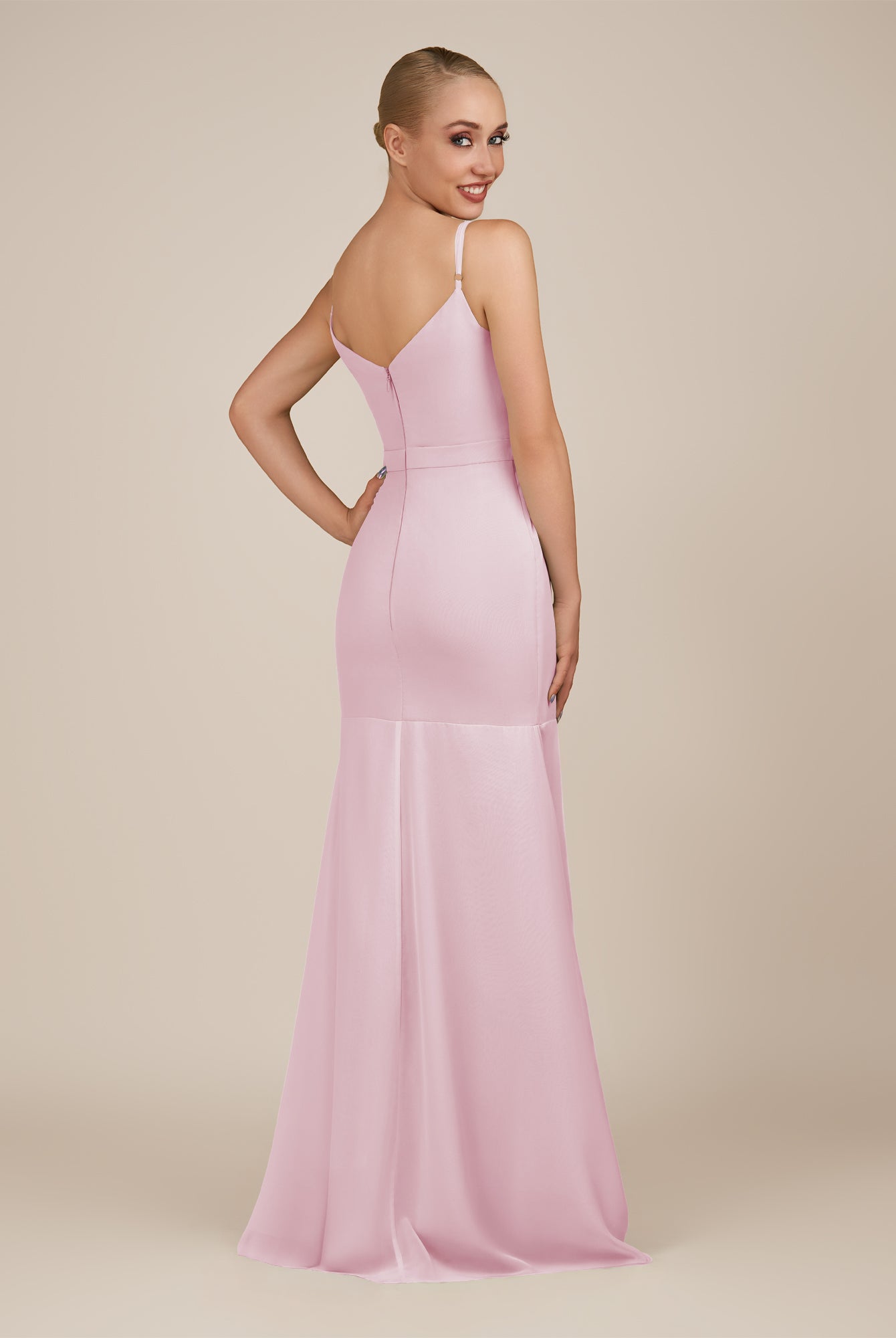 KissDress-Virelai Candy Pink Sheath Scoop Neck Chiffon Long Bridesmaid Dress