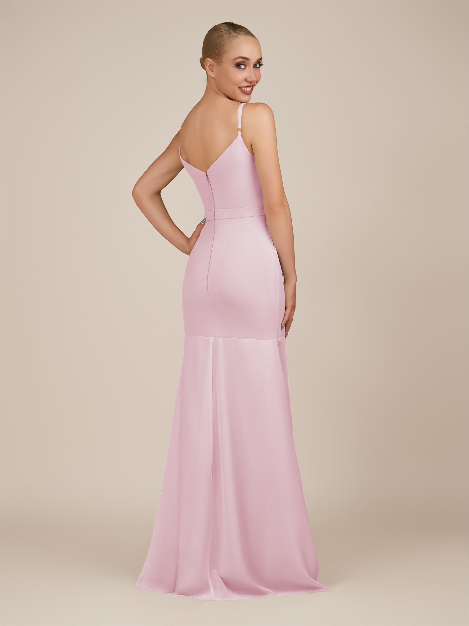 KissDress-Virelai Candy Pink Sheath Scoop Neck Chiffon Long Bridesmaid Dress
