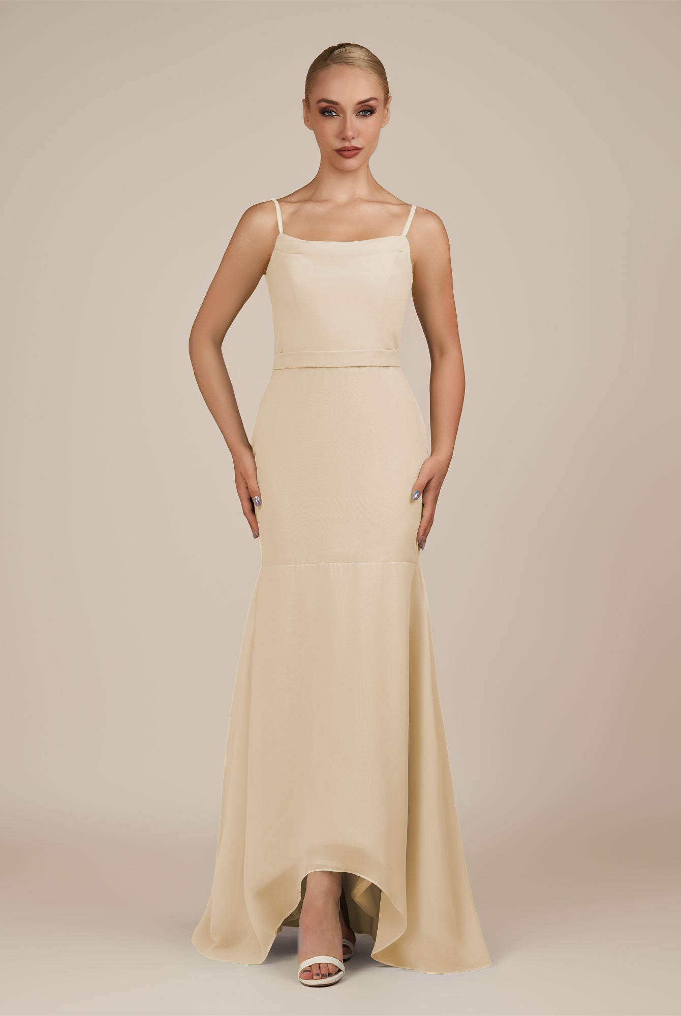 KissDress-Virelai Champagne Sheath Scoop Neck Chiffon Long Bridesmaid Dress