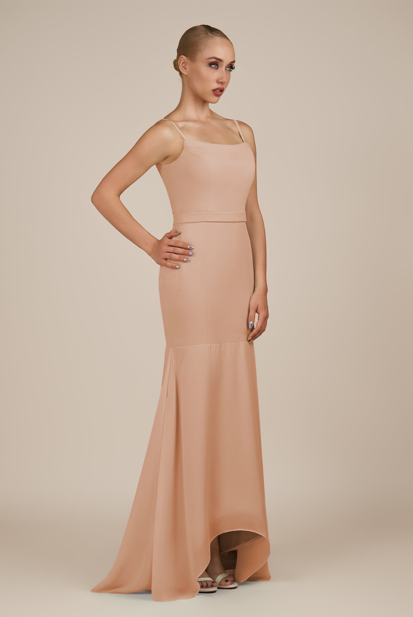 KissDress-Virelai Champagne Rose Sheath Scoop Neck Chiffon Long Bridesmaid Dress