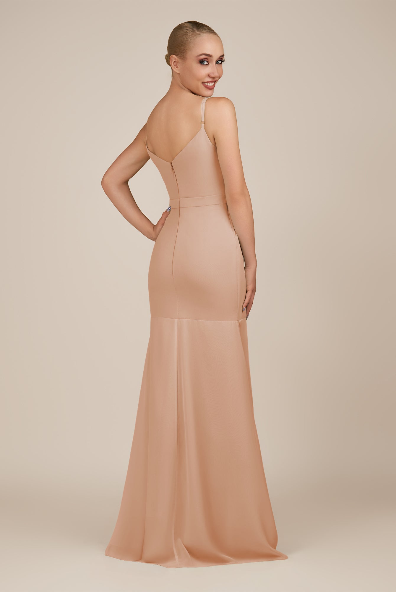 KissDress-Virelai Champagne Rose Sheath Scoop Neck Chiffon Long Bridesmaid Dress