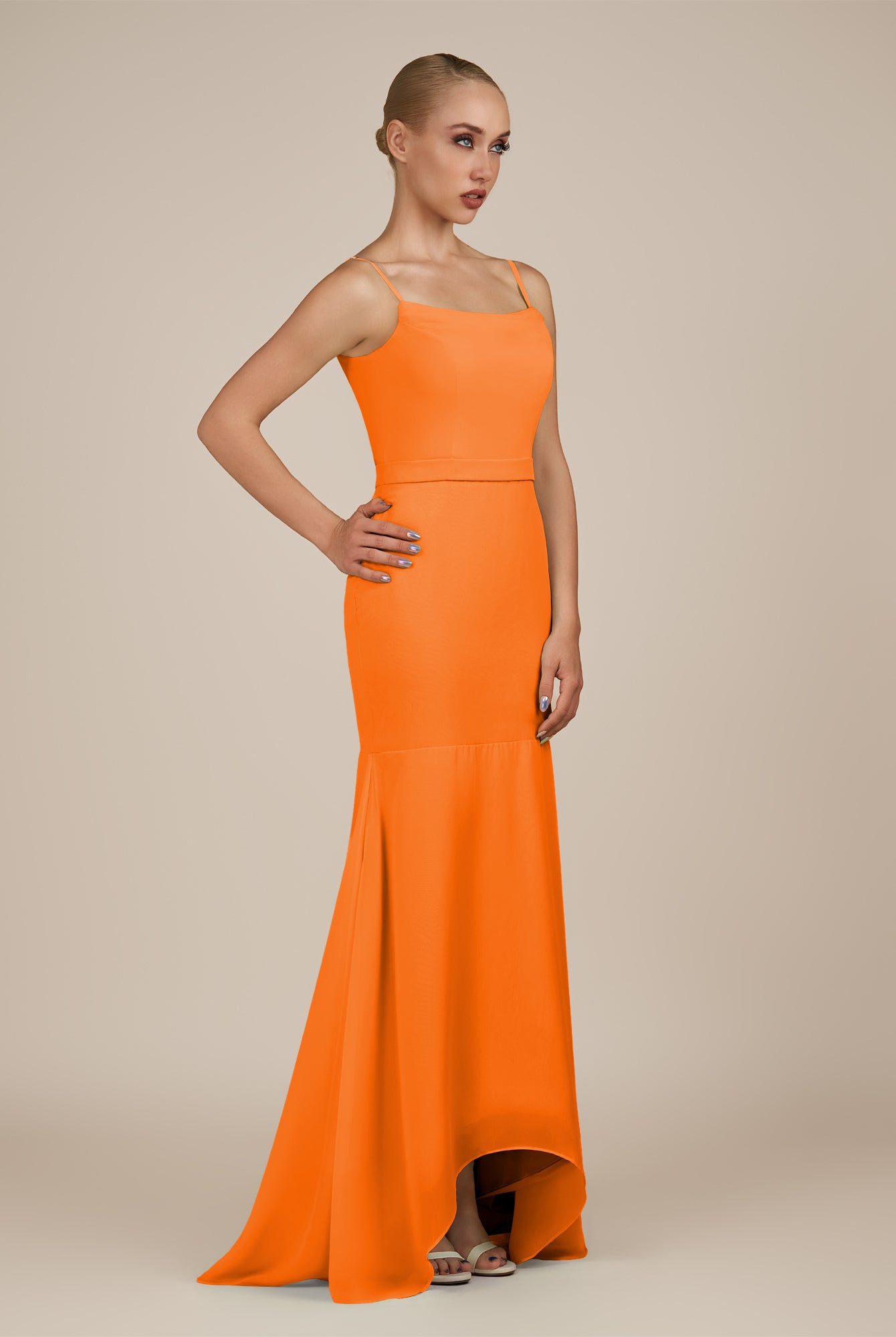 KissDress-Virelai Cinnamon Sheath Scoop Neck Chiffon Long Bridesmaid Dress
