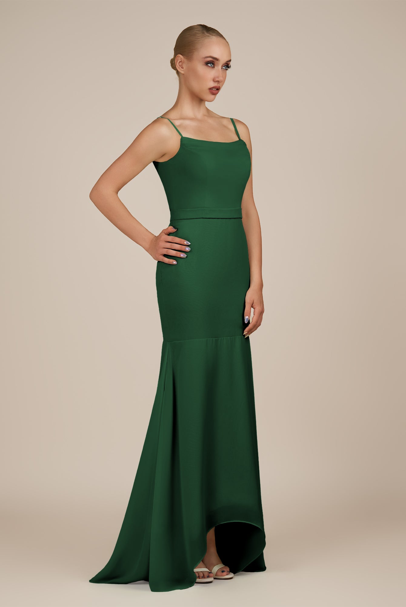KissDress-Virelai Dark Green Sheath Scoop Neck Chiffon Long Bridesmaid Dress