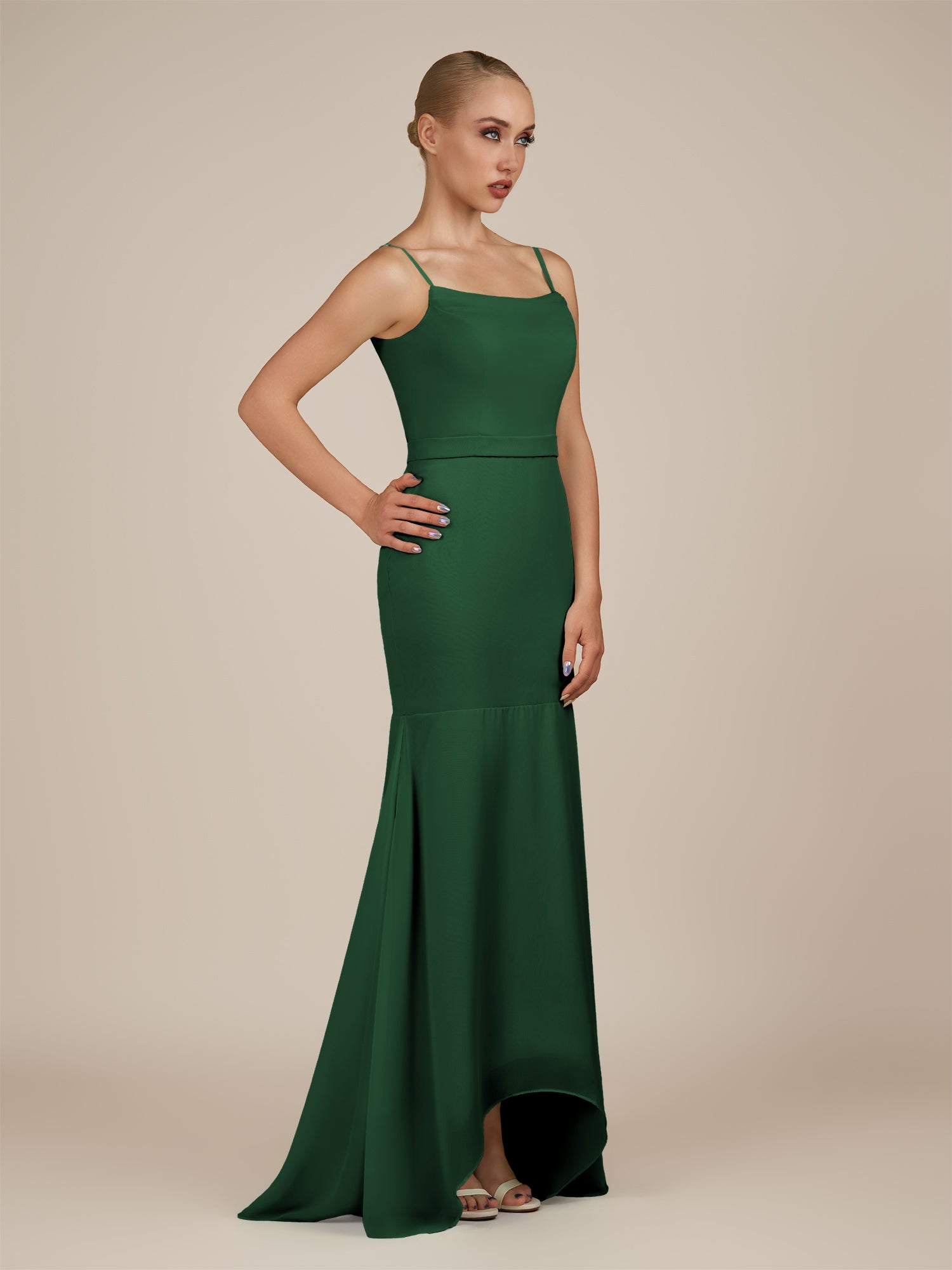 KissDress-Virelai Dark Green Sheath Scoop Neck Chiffon Long Bridesmaid Dress