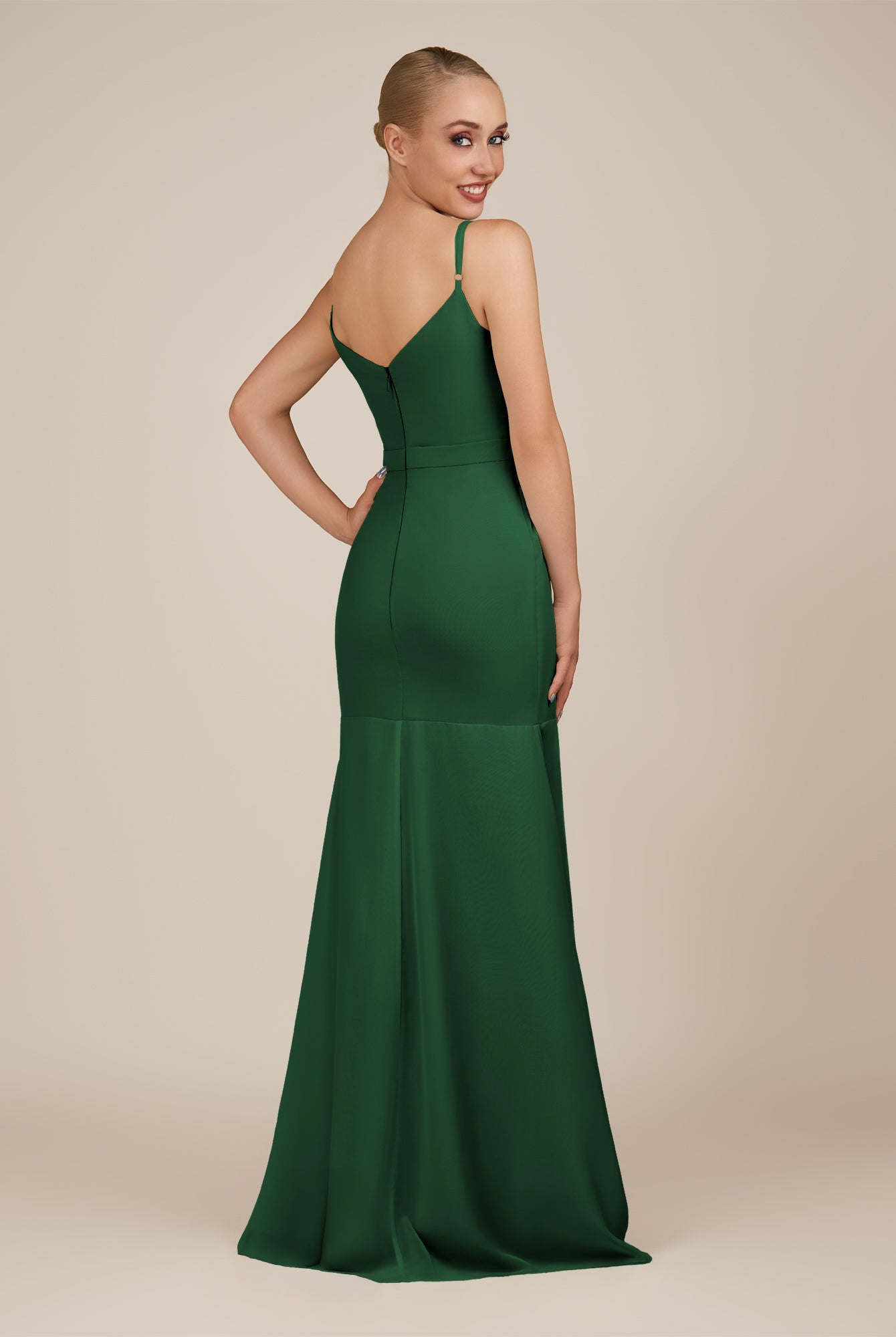 KissDress-Virelai Dark Green Sheath Scoop Neck Chiffon Long Bridesmaid Dress