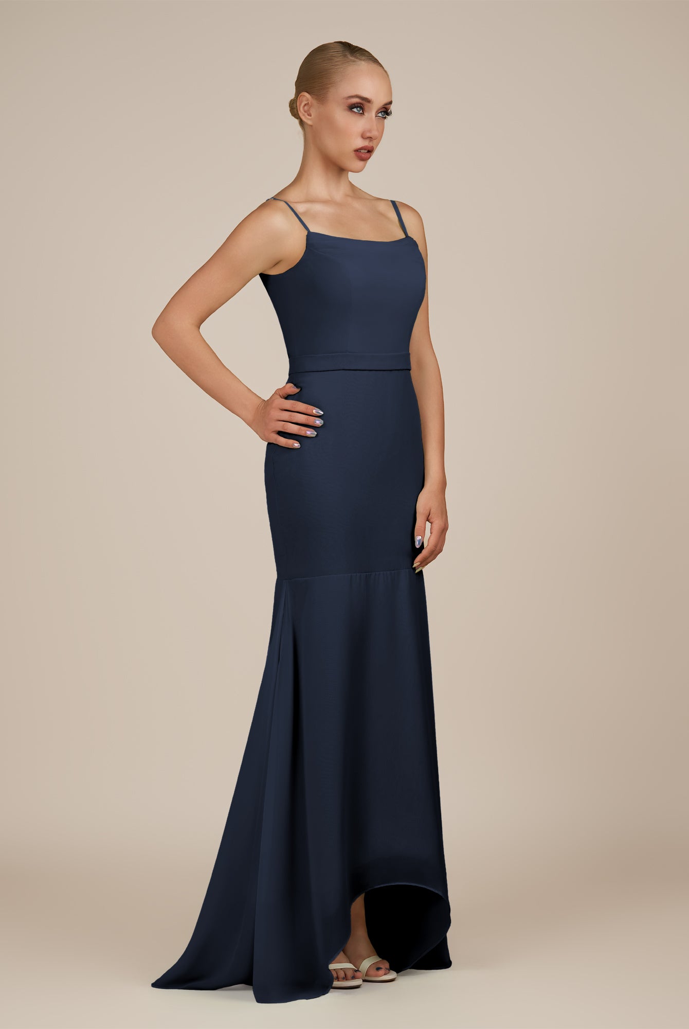 KissDress-Virelai Dark Navy Sheath Scoop Neck Chiffon Long Bridesmaid Dress