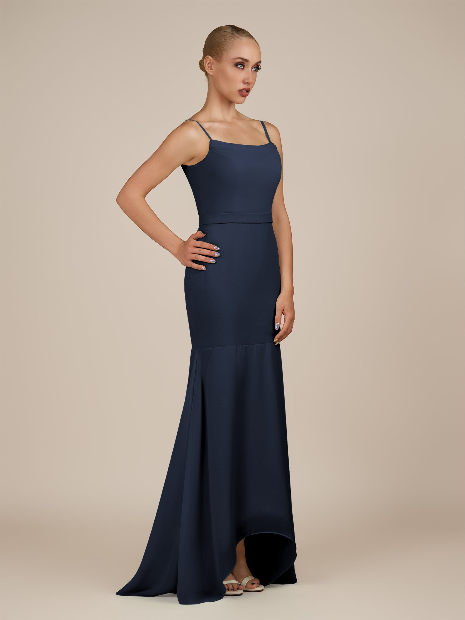 KissDress-Virelai Dark Navy Sheath Scoop Neck Chiffon Long Bridesmaid Dress