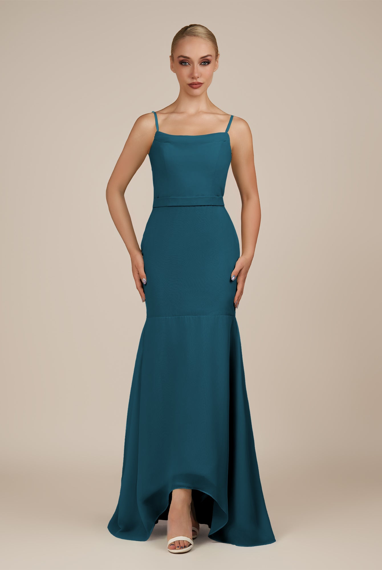 KissDress-Virelai Dark Teal Sheath Scoop Neck Chiffon Long Bridesmaid Dress