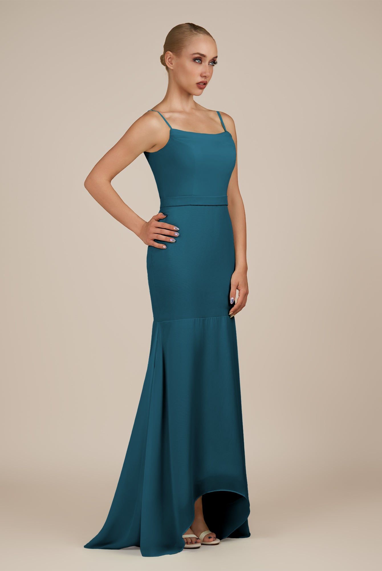 KissDress-Virelai Dark Teal Sheath Scoop Neck Chiffon Long Bridesmaid Dress