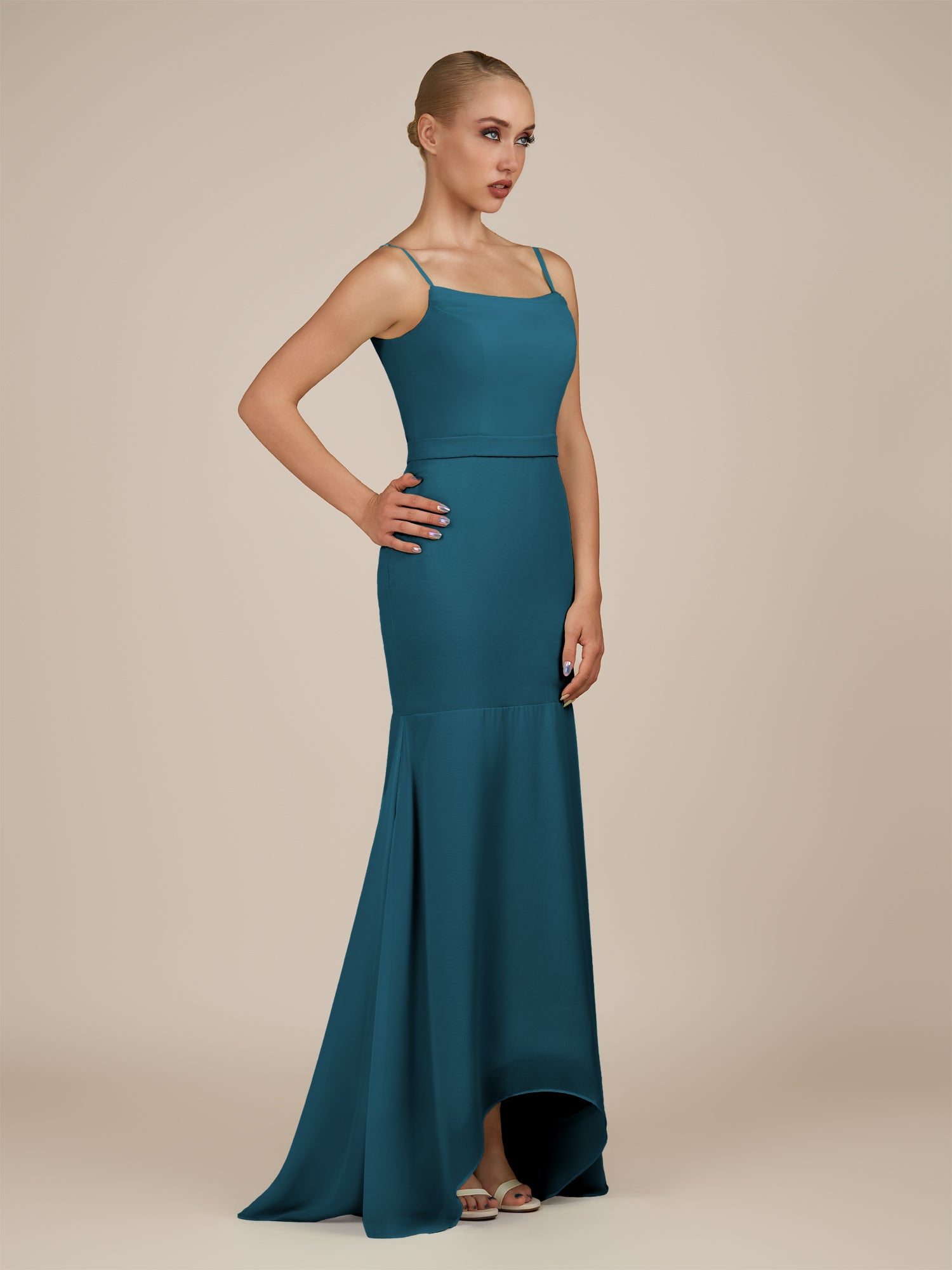 KissDress-Virelai Dark Teal Sheath Scoop Neck Chiffon Long Bridesmaid Dress