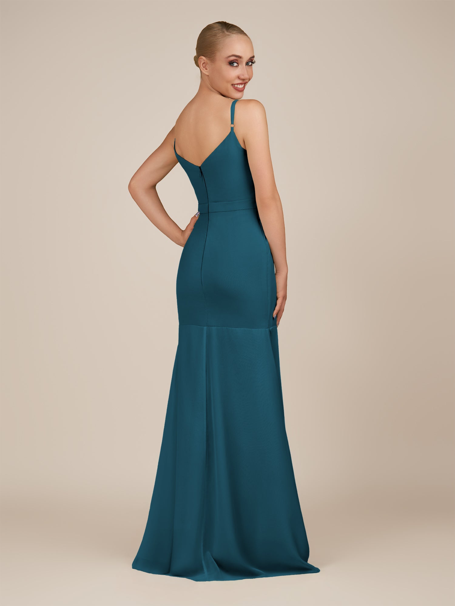 KissDress-Virelai Dark Teal Sheath Scoop Neck Chiffon Long Bridesmaid Dress