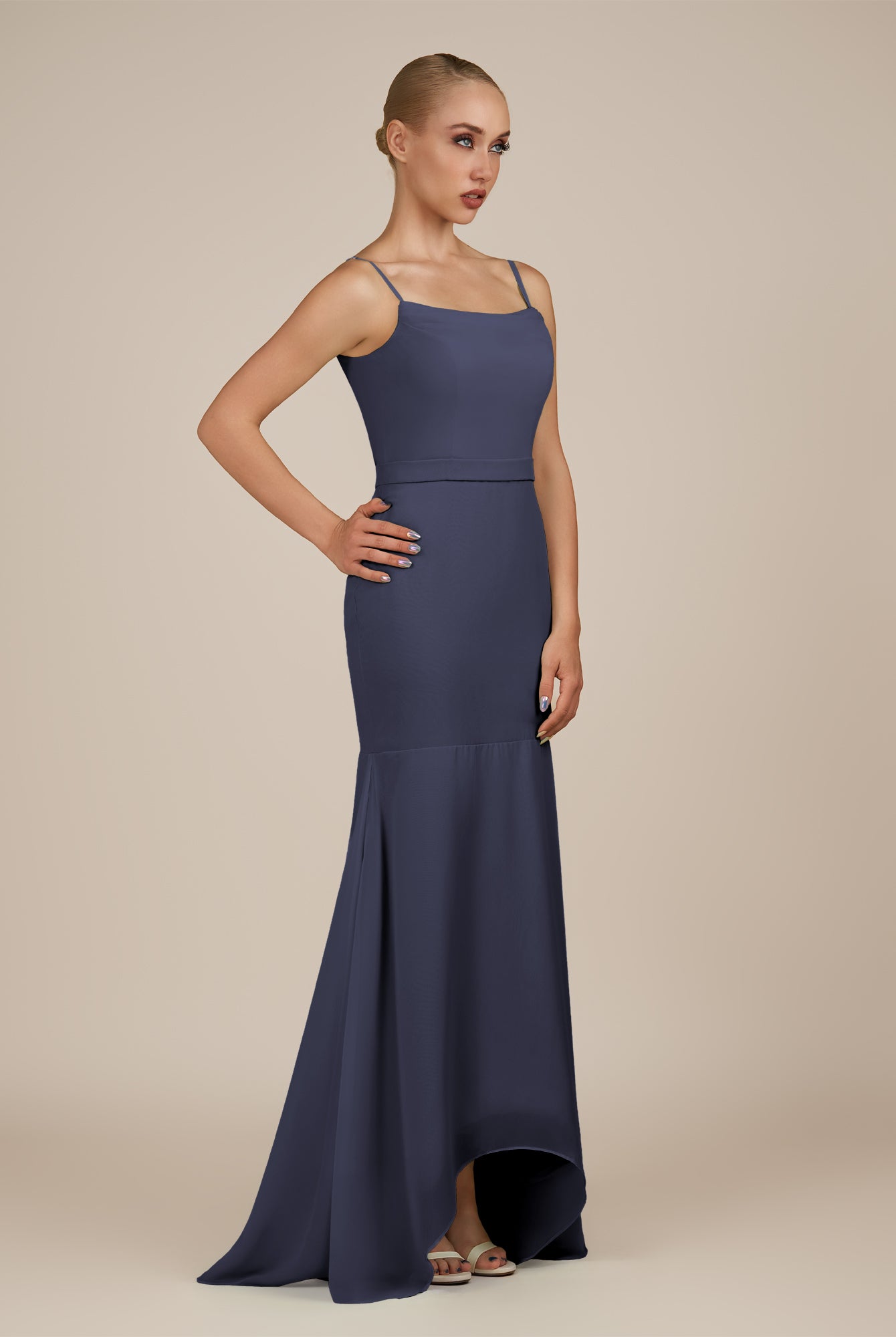 KissDress-Virelai Dusk Blue Sheath Scoop Neck Chiffon Long Bridesmaid Dress