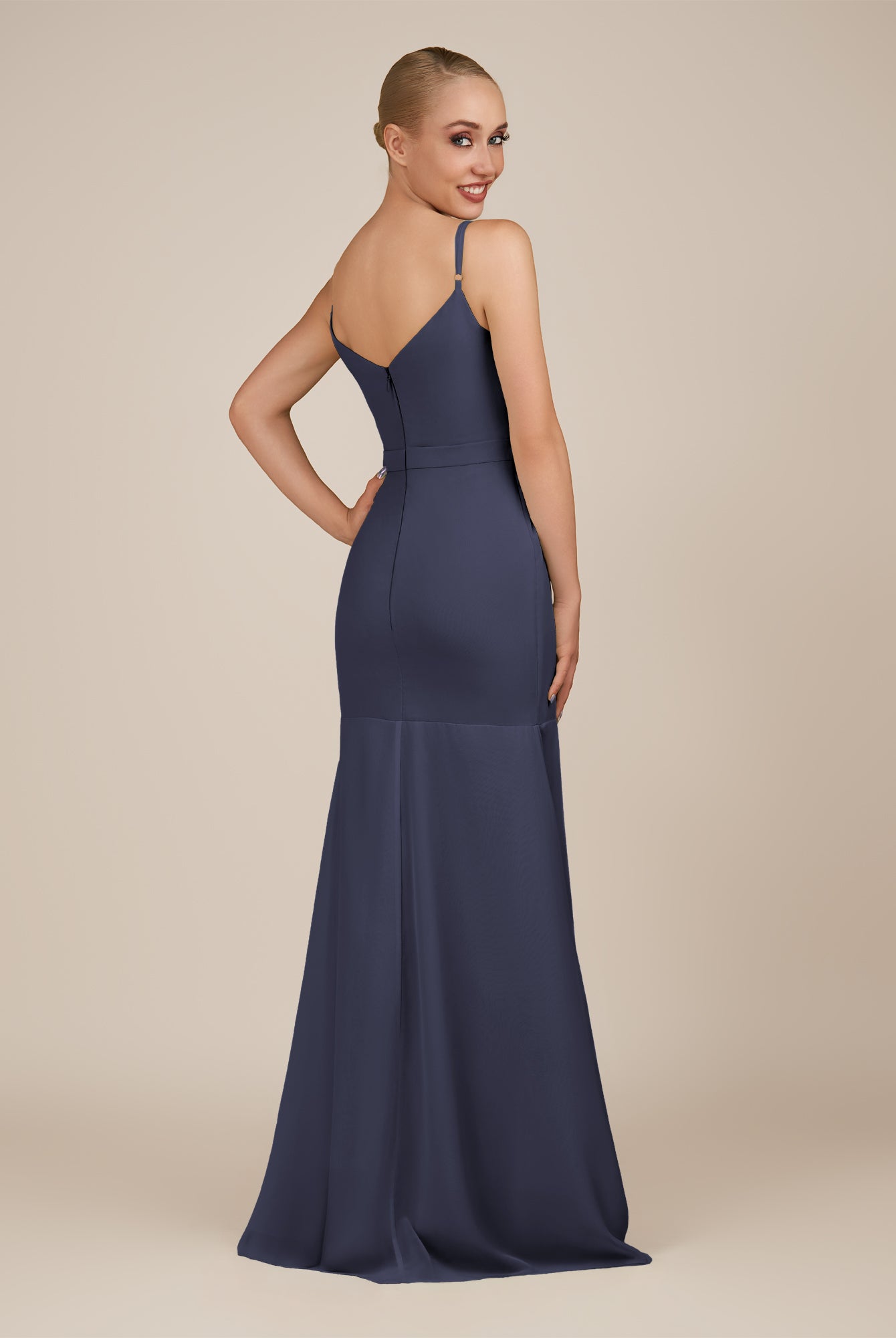 KissDress-Virelai Dusk Blue Sheath Scoop Neck Chiffon Long Bridesmaid Dress