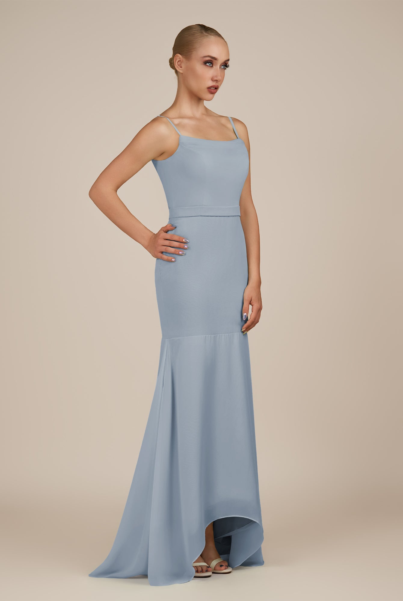 KissDress-Virelai Dusty Blue Sheath Scoop Neck Chiffon Long Bridesmaid Dress