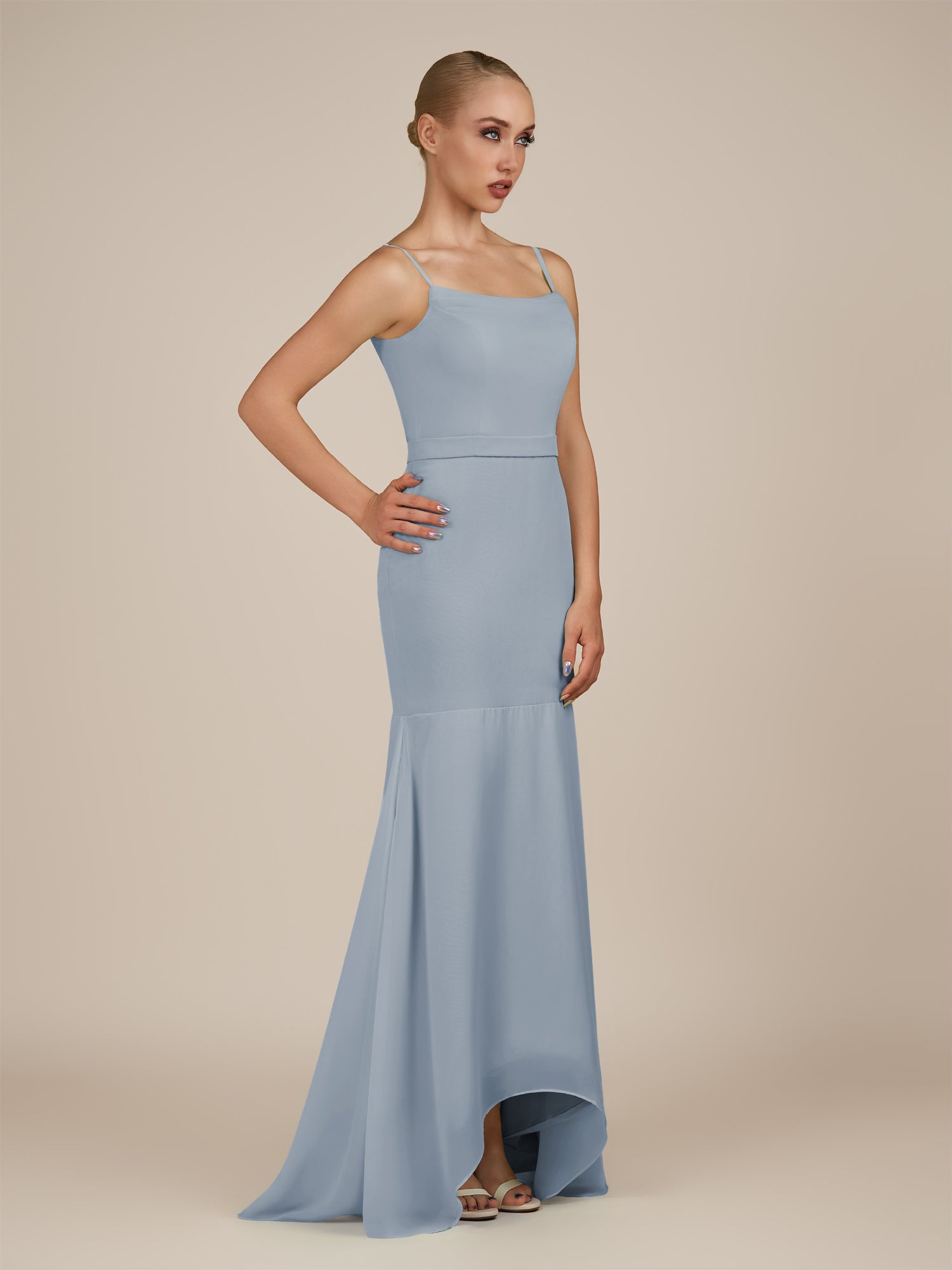 KissDress-Virelai Dusty Blue Sheath Scoop Neck Chiffon Long Bridesmaid Dress