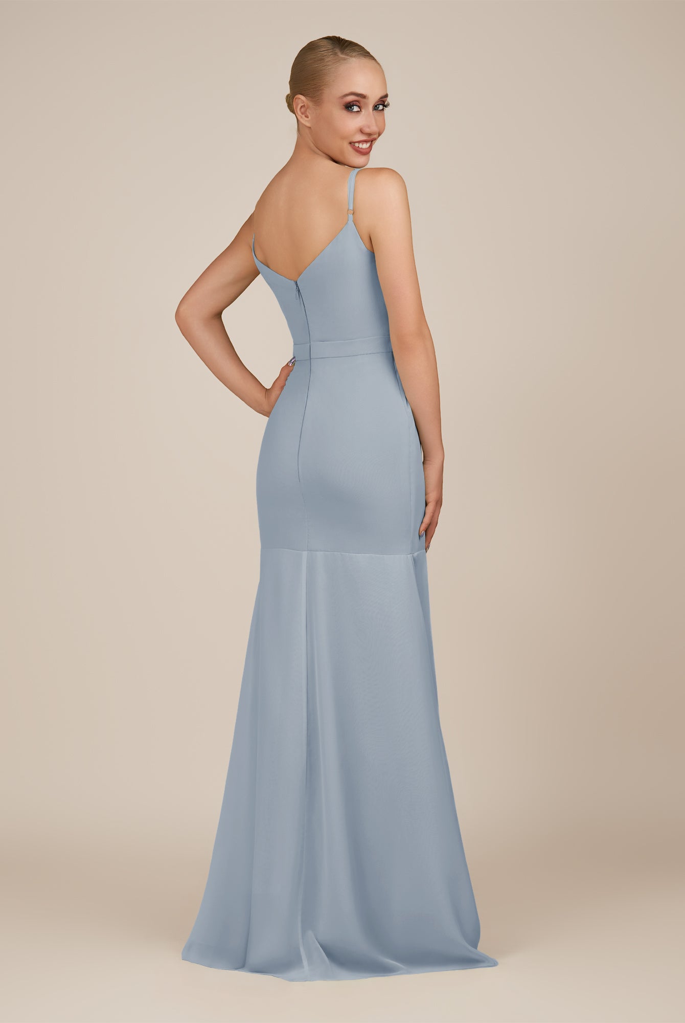 KissDress-Virelai Dusty Blue Sheath Scoop Neck Chiffon Long Bridesmaid Dress