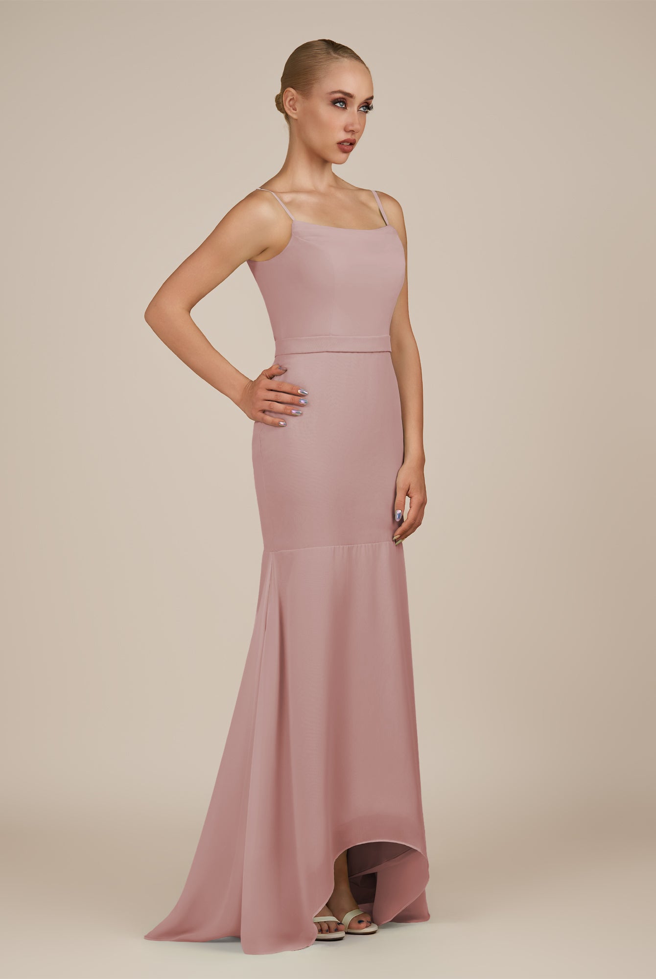 KissDress-Virelai Dusty Rose Sheath Scoop Neck Chiffon Long Bridesmaid Dress