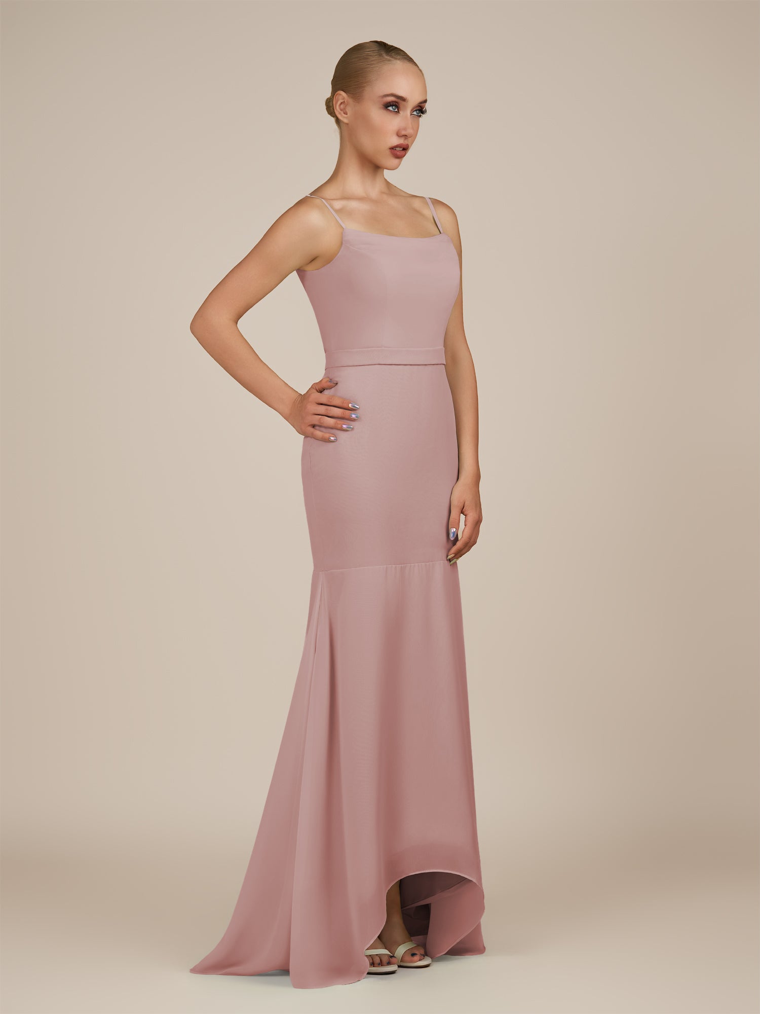 KissDress-Virelai Dusty Rose Sheath Scoop Neck Chiffon Long Bridesmaid Dress