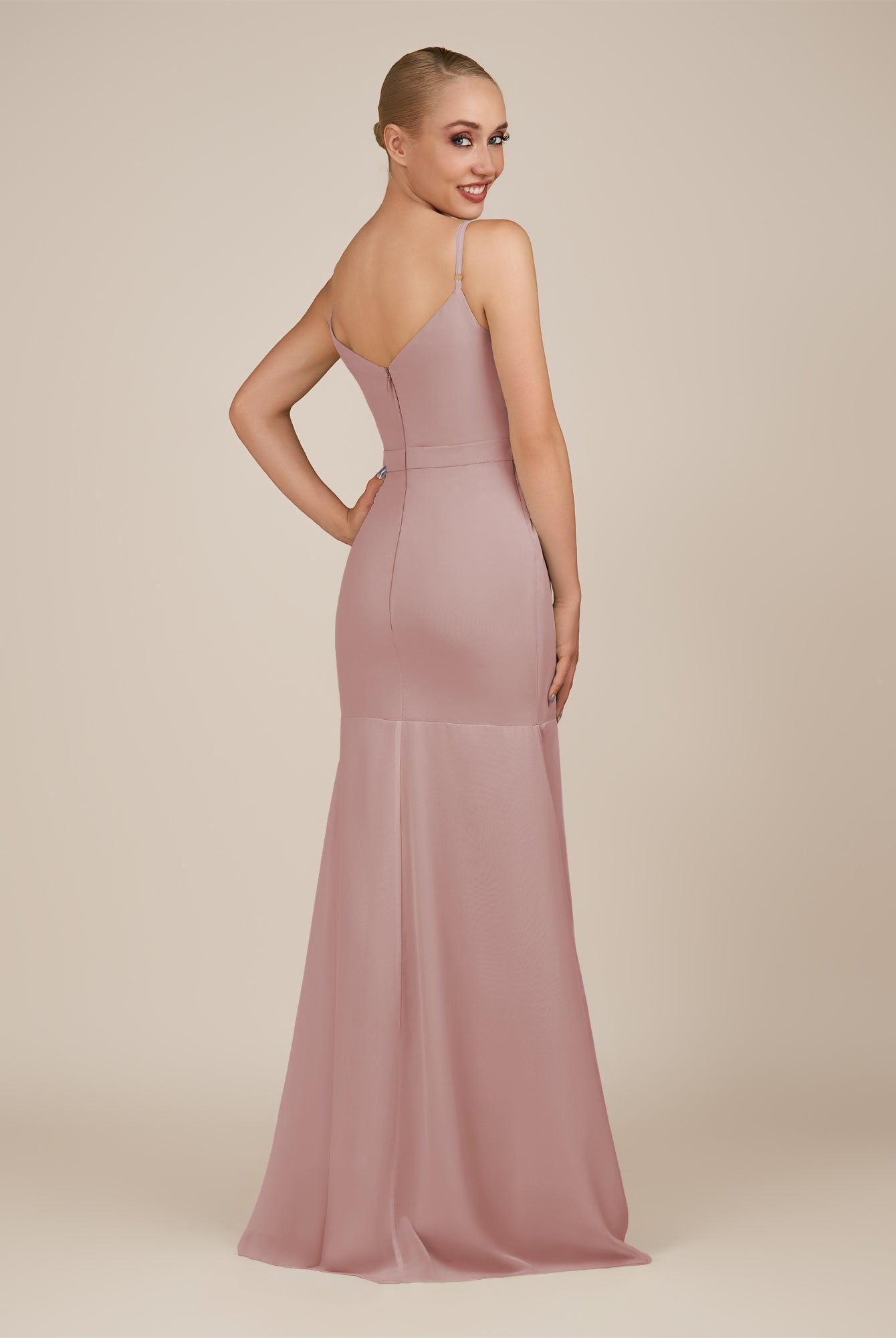 KissDress-Virelai Dusty Rose Sheath Scoop Neck Chiffon Long Bridesmaid Dress