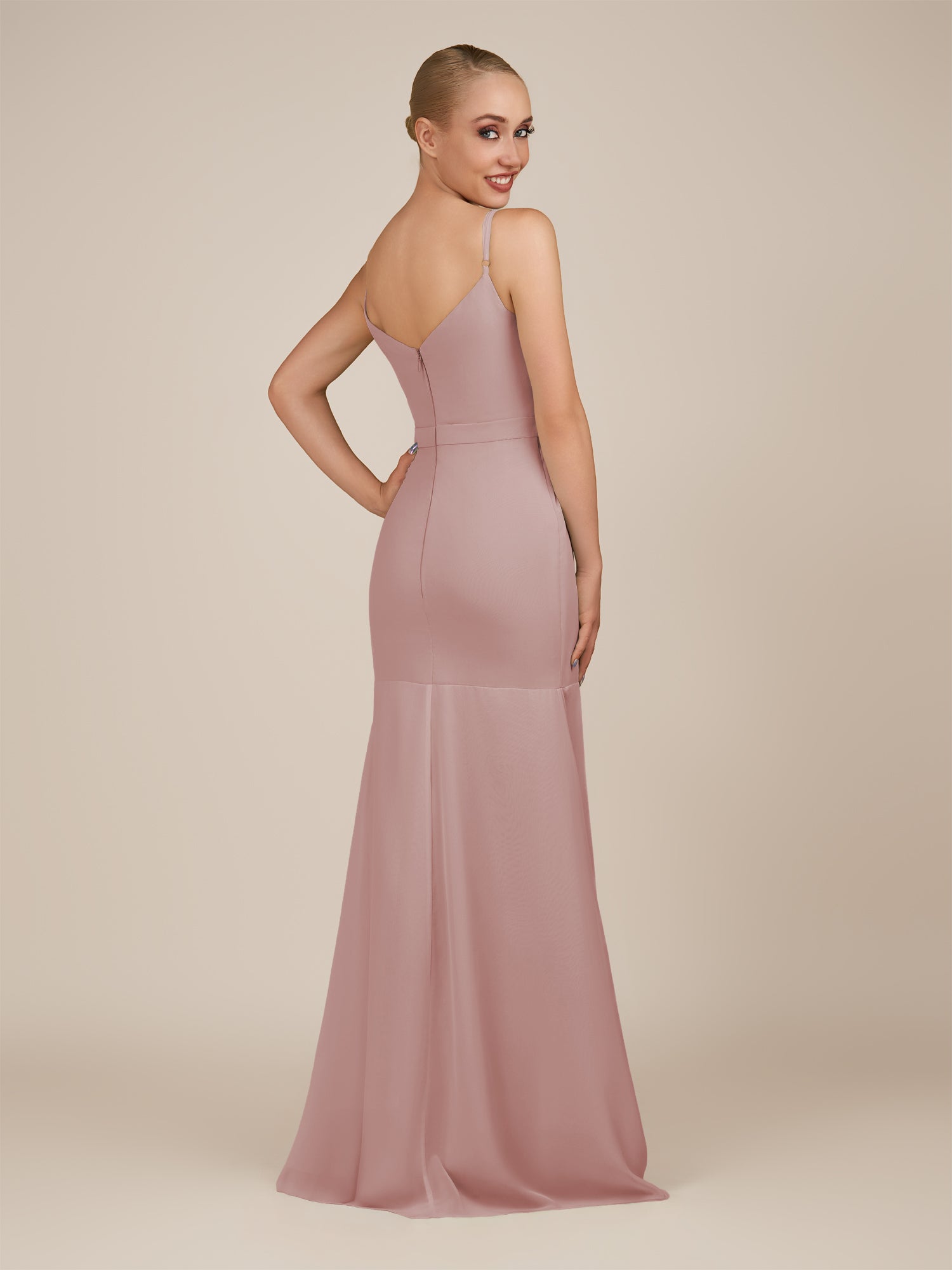 KissDress-Virelai Dusty Rose Sheath Scoop Neck Chiffon Long Bridesmaid Dress