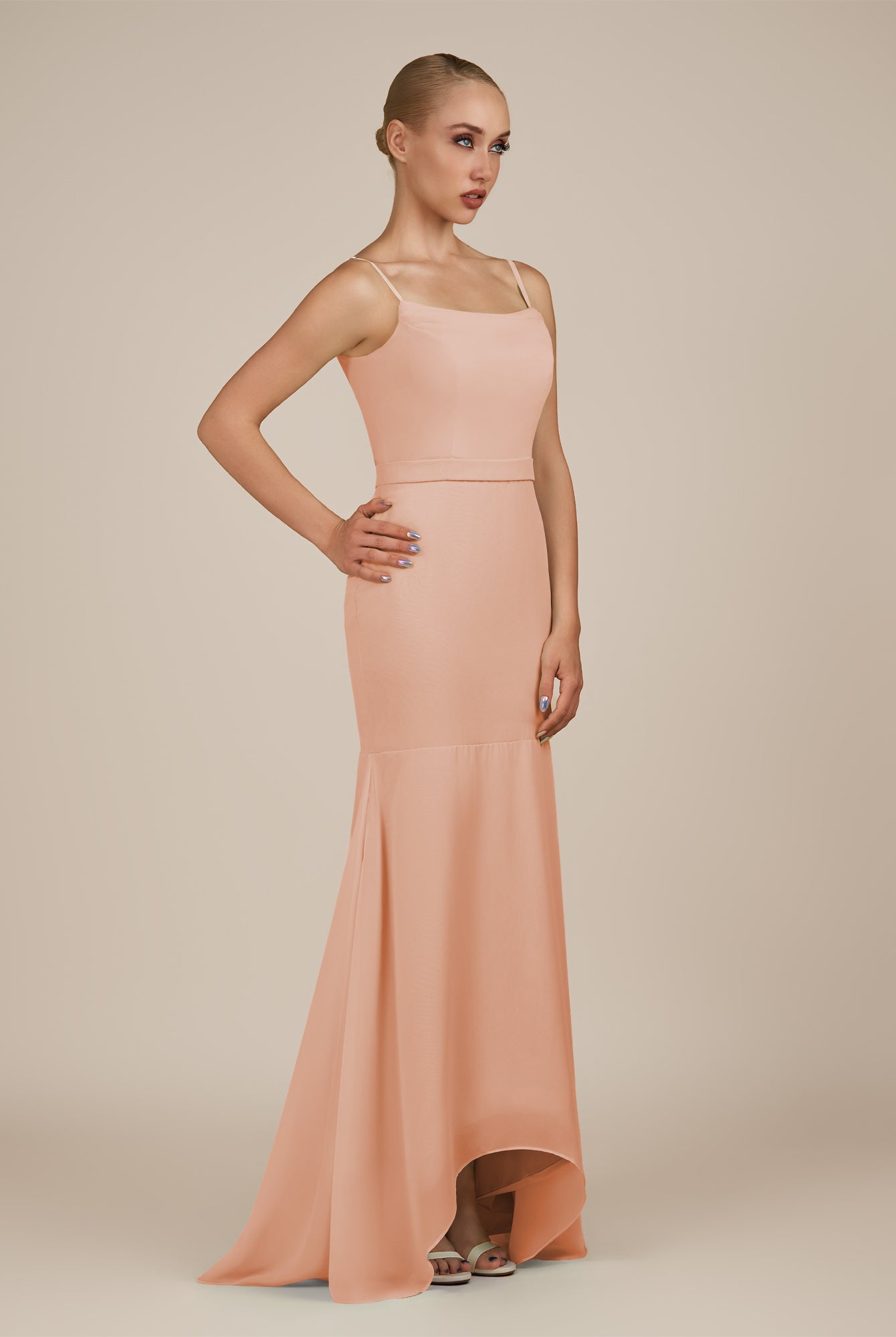 KissDress-Virelai English Rose Sheath Scoop Neck Chiffon Long Bridesmaid Dress