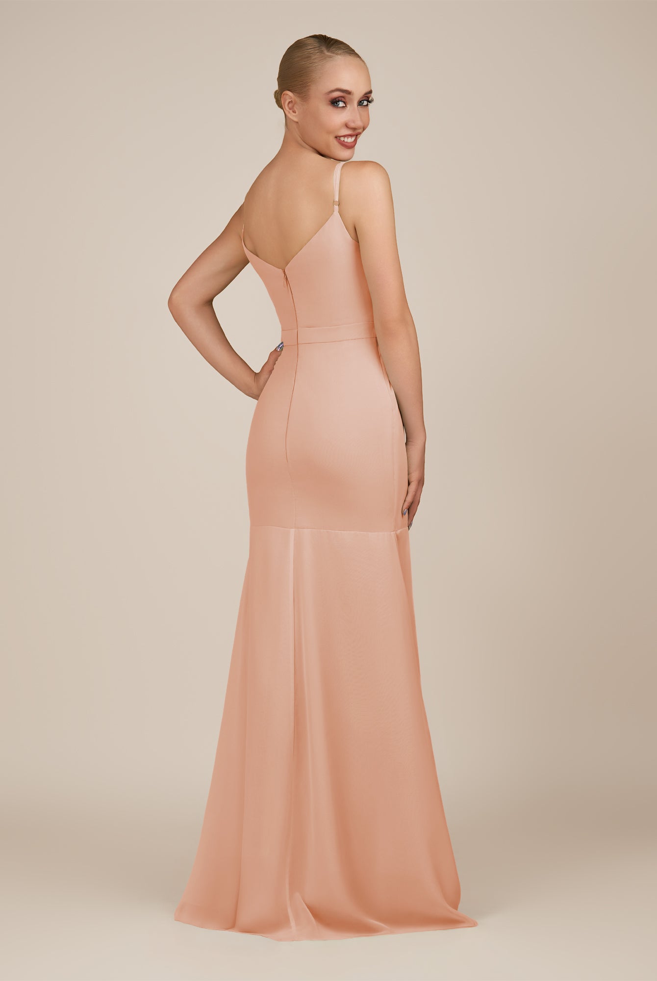 KissDress-Virelai English Rose Sheath Scoop Neck Chiffon Long Bridesmaid Dress