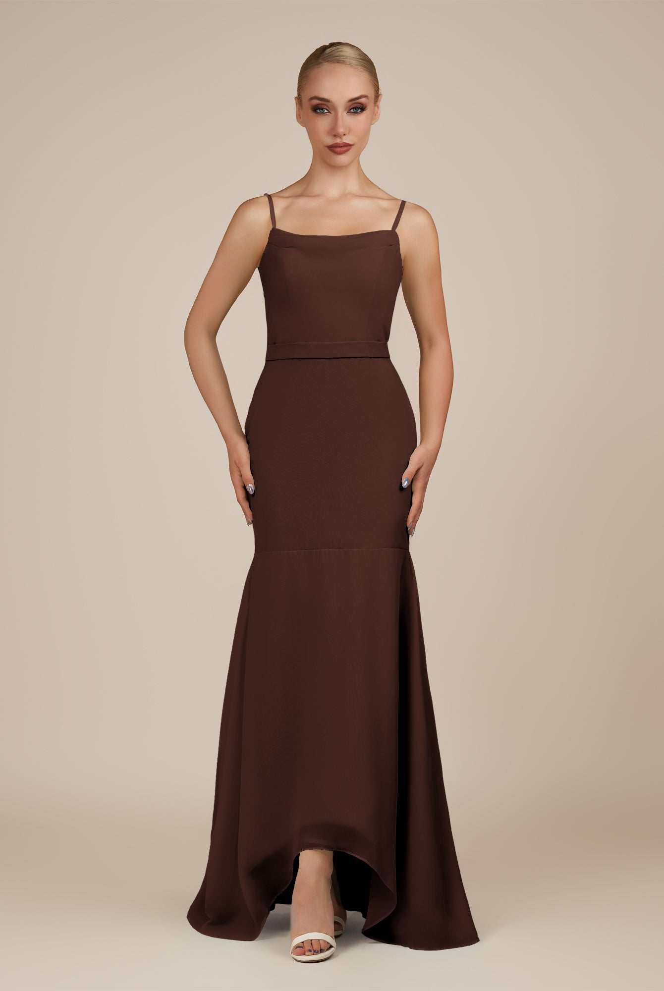 KissDress-Virelai Espresso Sheath Scoop Neck Chiffon Long Bridesmaid Dress