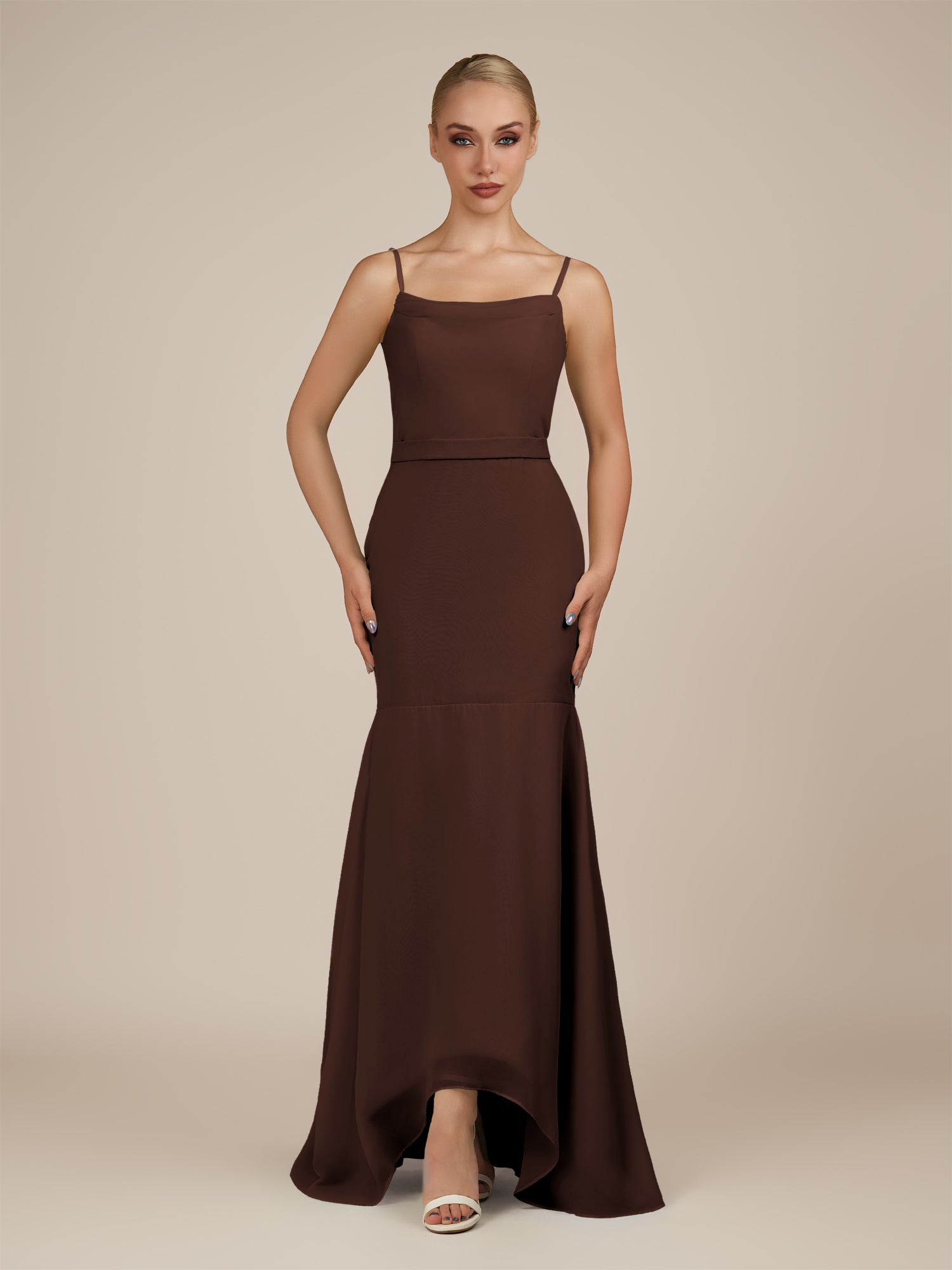 KissDress-Virelai Espresso Sheath Scoop Neck Chiffon Long Bridesmaid Dress