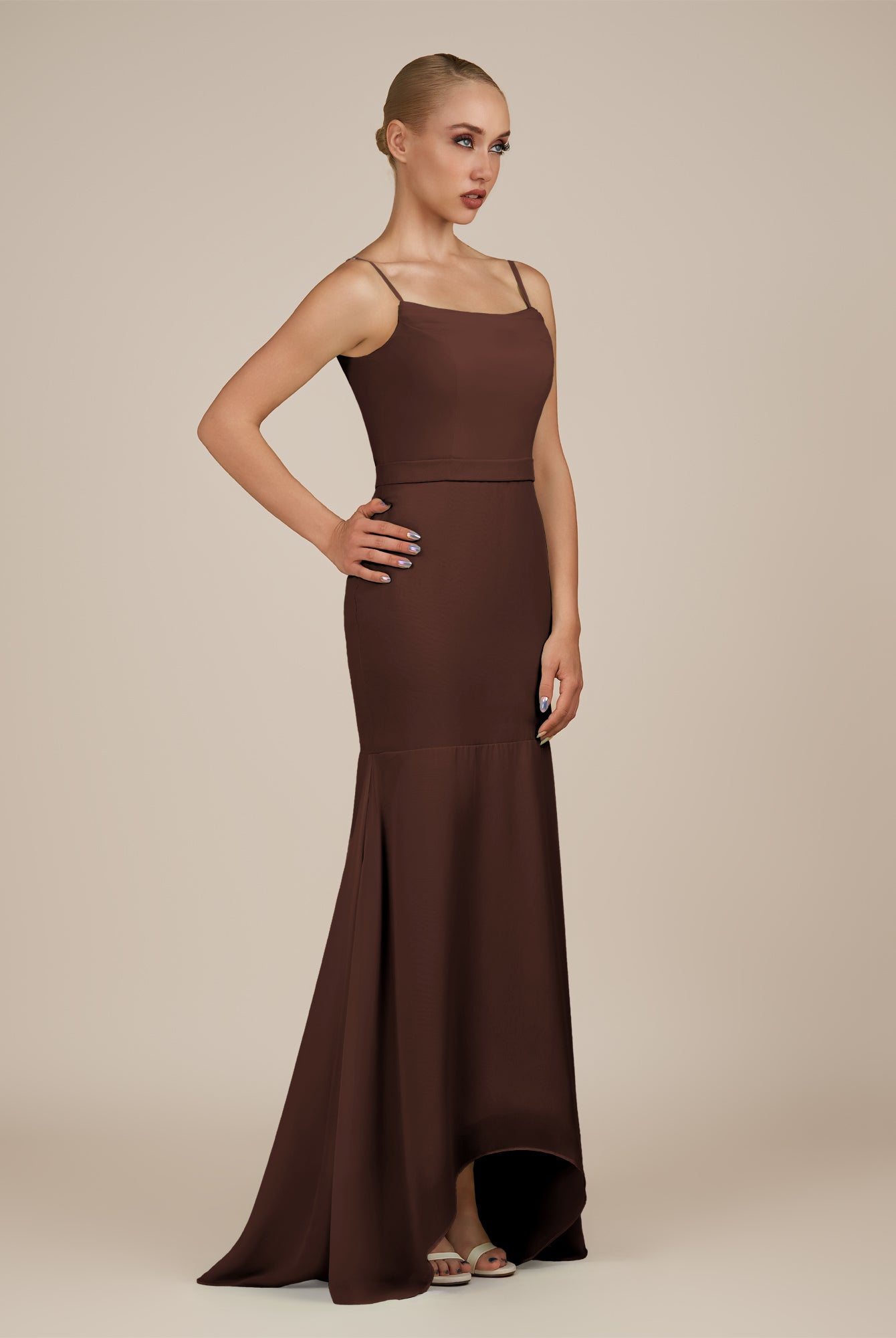 KissDress-Virelai Espresso Sheath Scoop Neck Chiffon Long Bridesmaid Dress