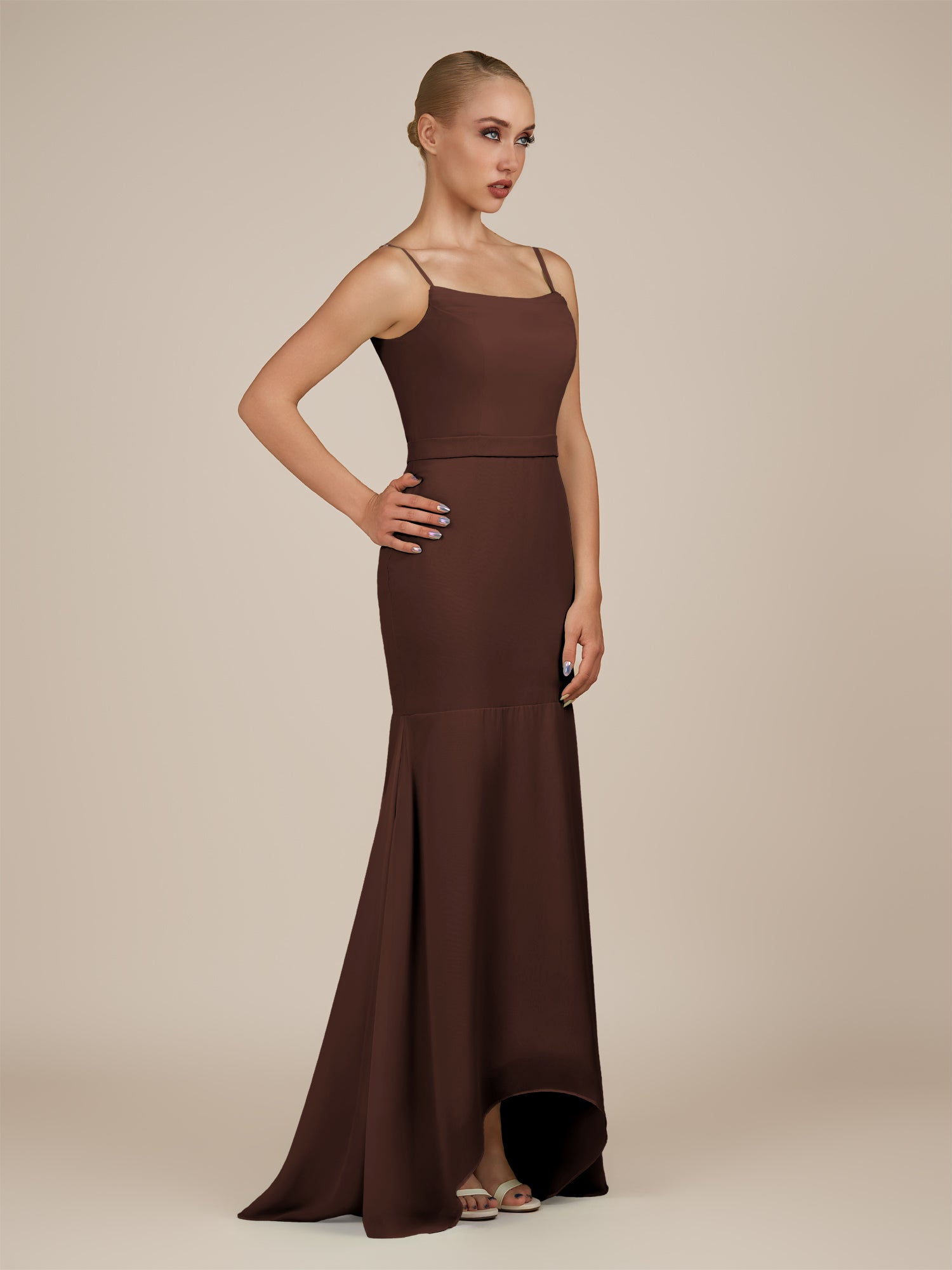 KissDress-Virelai Espresso Sheath Scoop Neck Chiffon Long Bridesmaid Dress