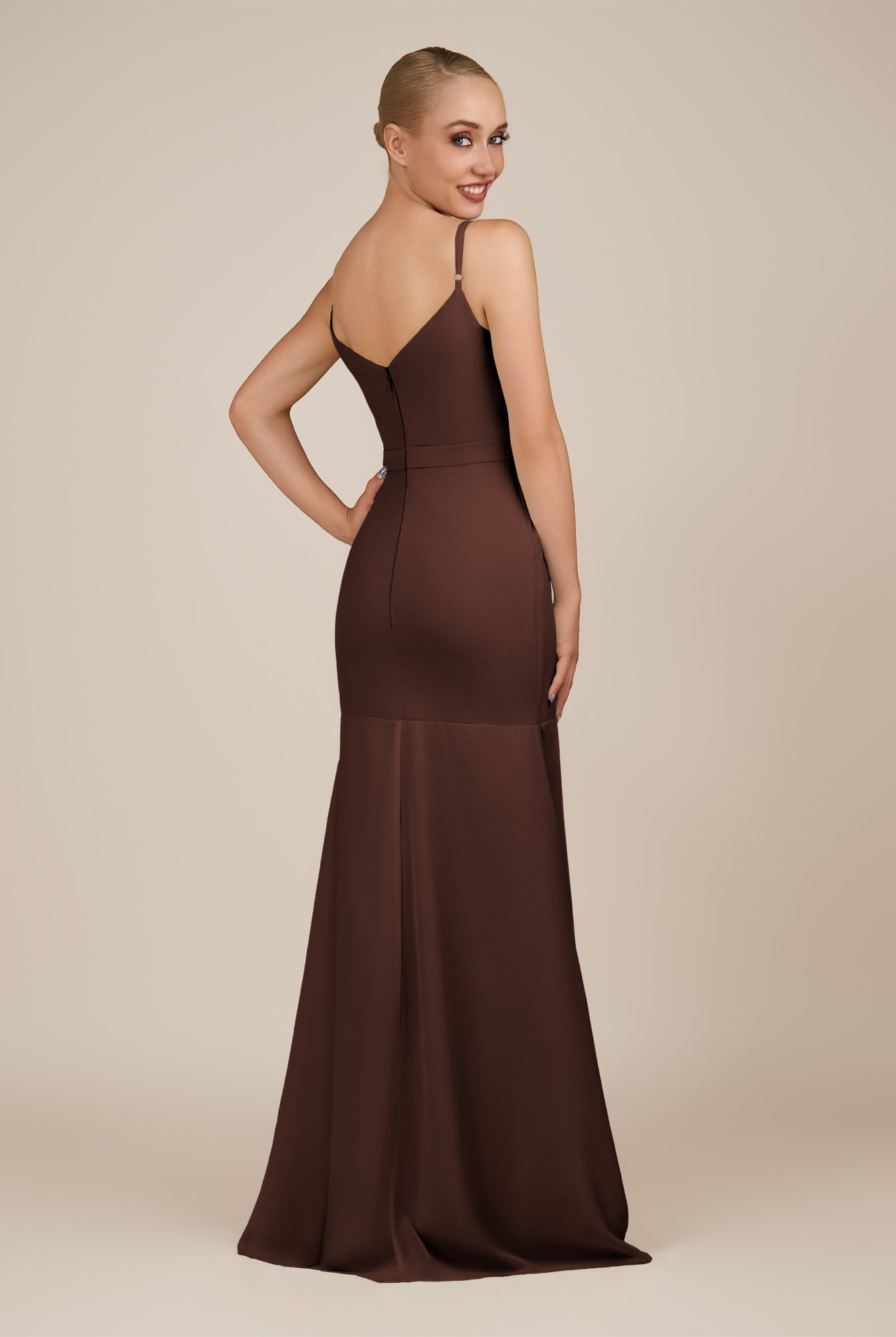 KissDress-Virelai Espresso Sheath Scoop Neck Chiffon Long Bridesmaid Dress