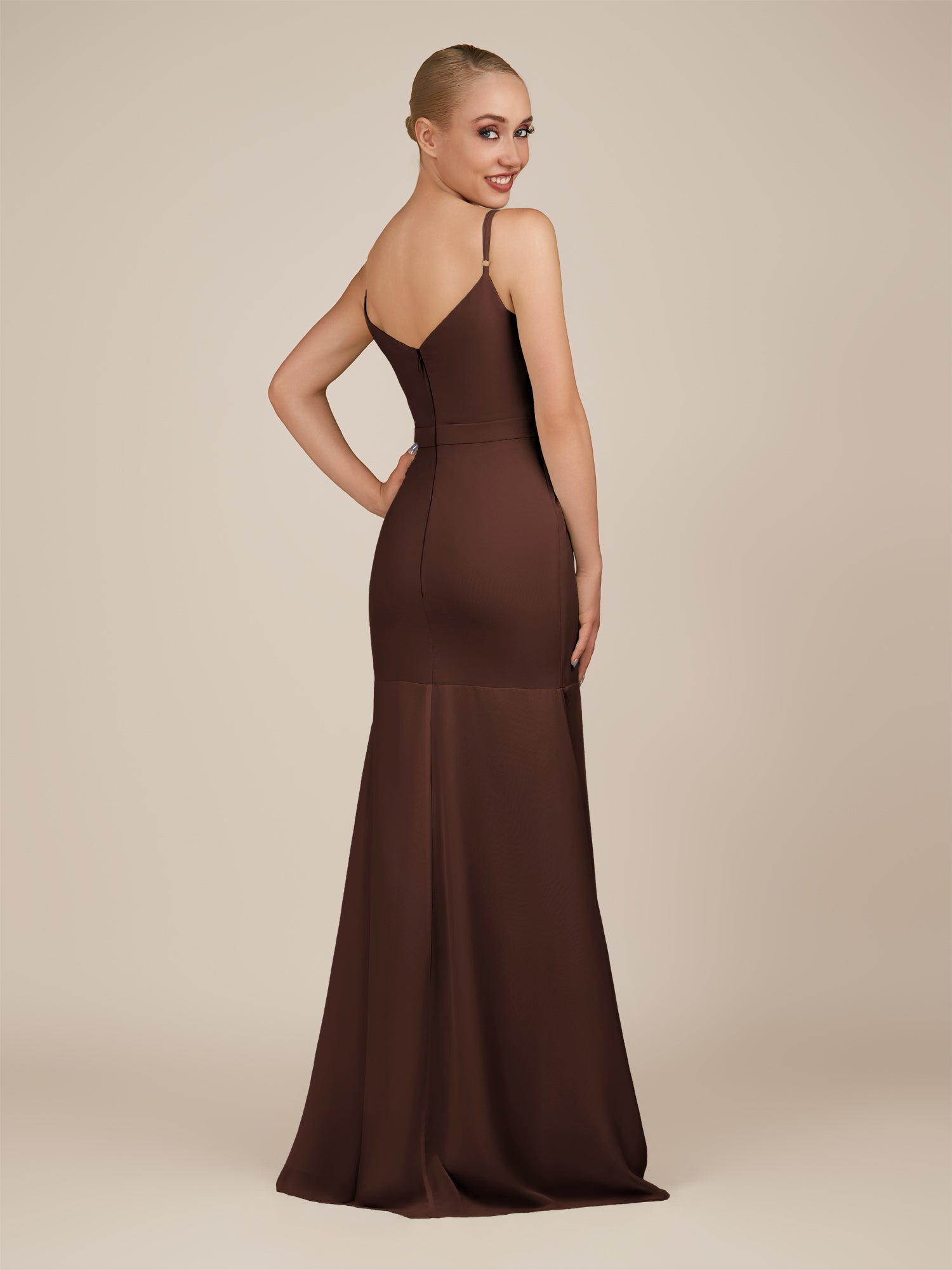 KissDress-Virelai Espresso Sheath Scoop Neck Chiffon Long Bridesmaid Dress