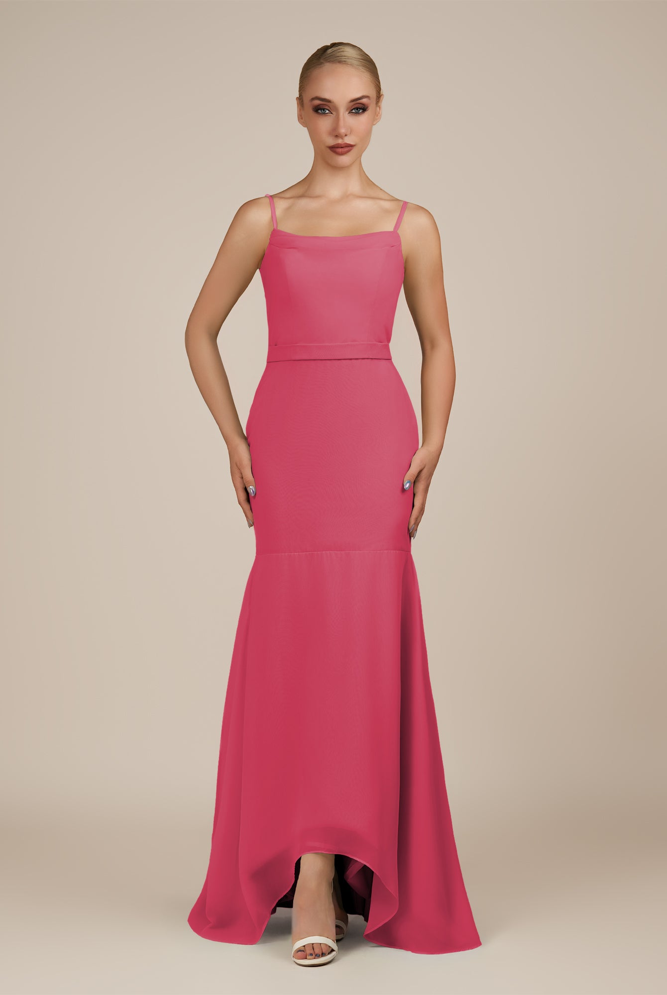 KissDress-Virelai Fuchsia Sheath Scoop Neck Chiffon Long Bridesmaid Dress