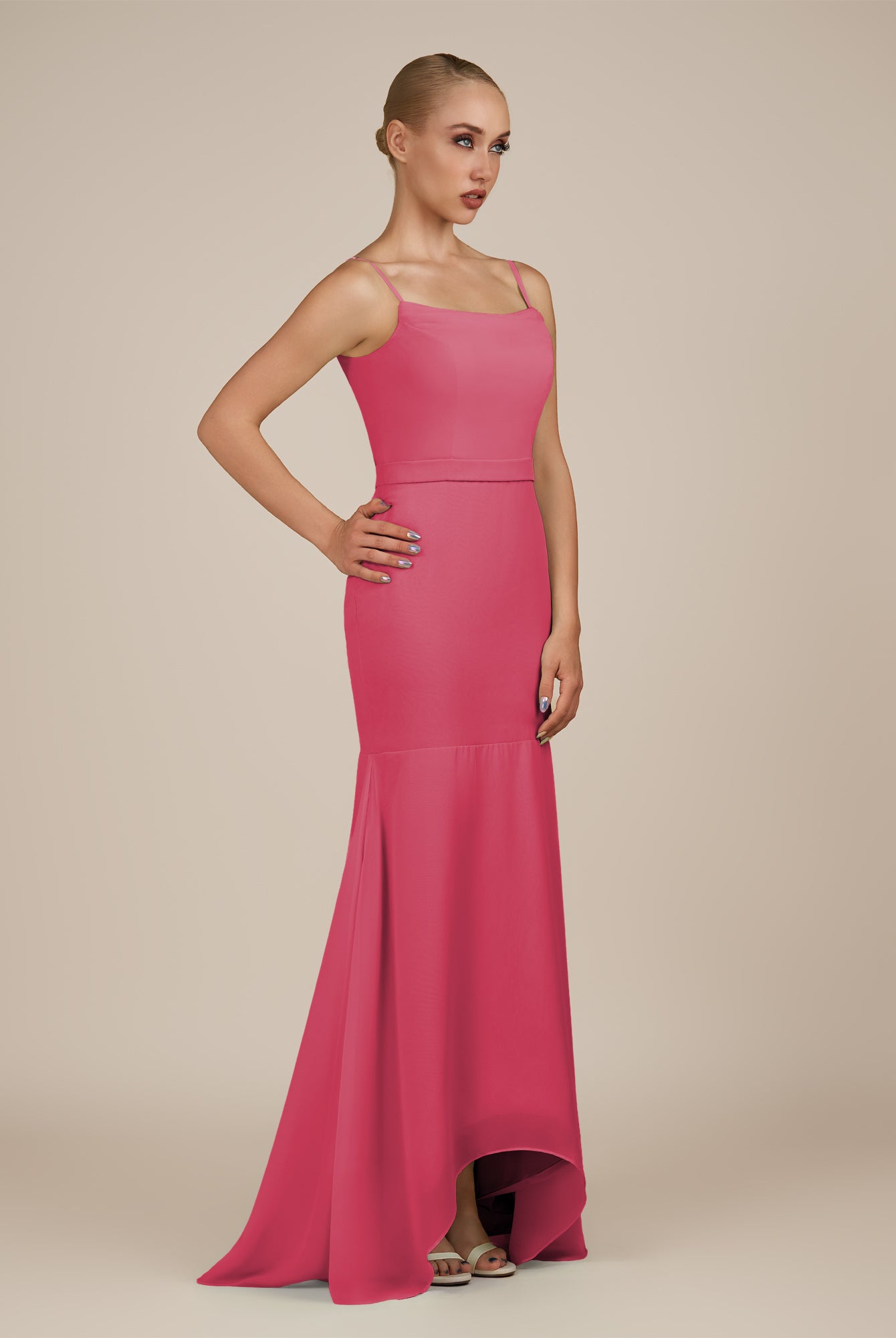 KissDress-Virelai Fuchsia Sheath Scoop Neck Chiffon Long Bridesmaid Dress