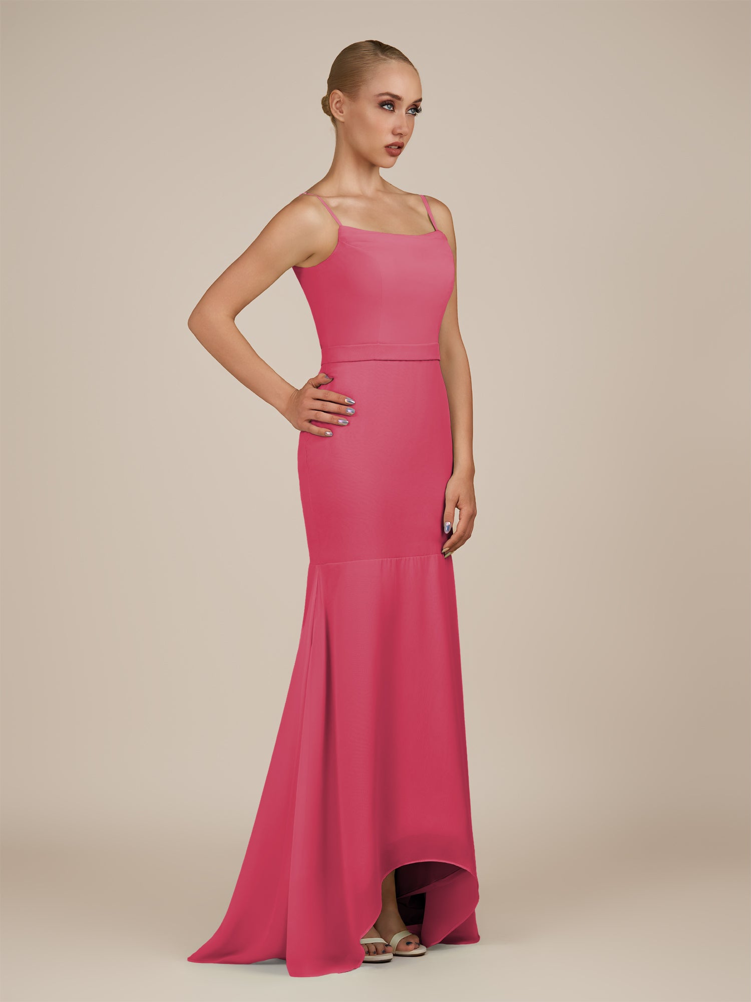 KissDress-Virelai Fuchsia Sheath Scoop Neck Chiffon Long Bridesmaid Dress