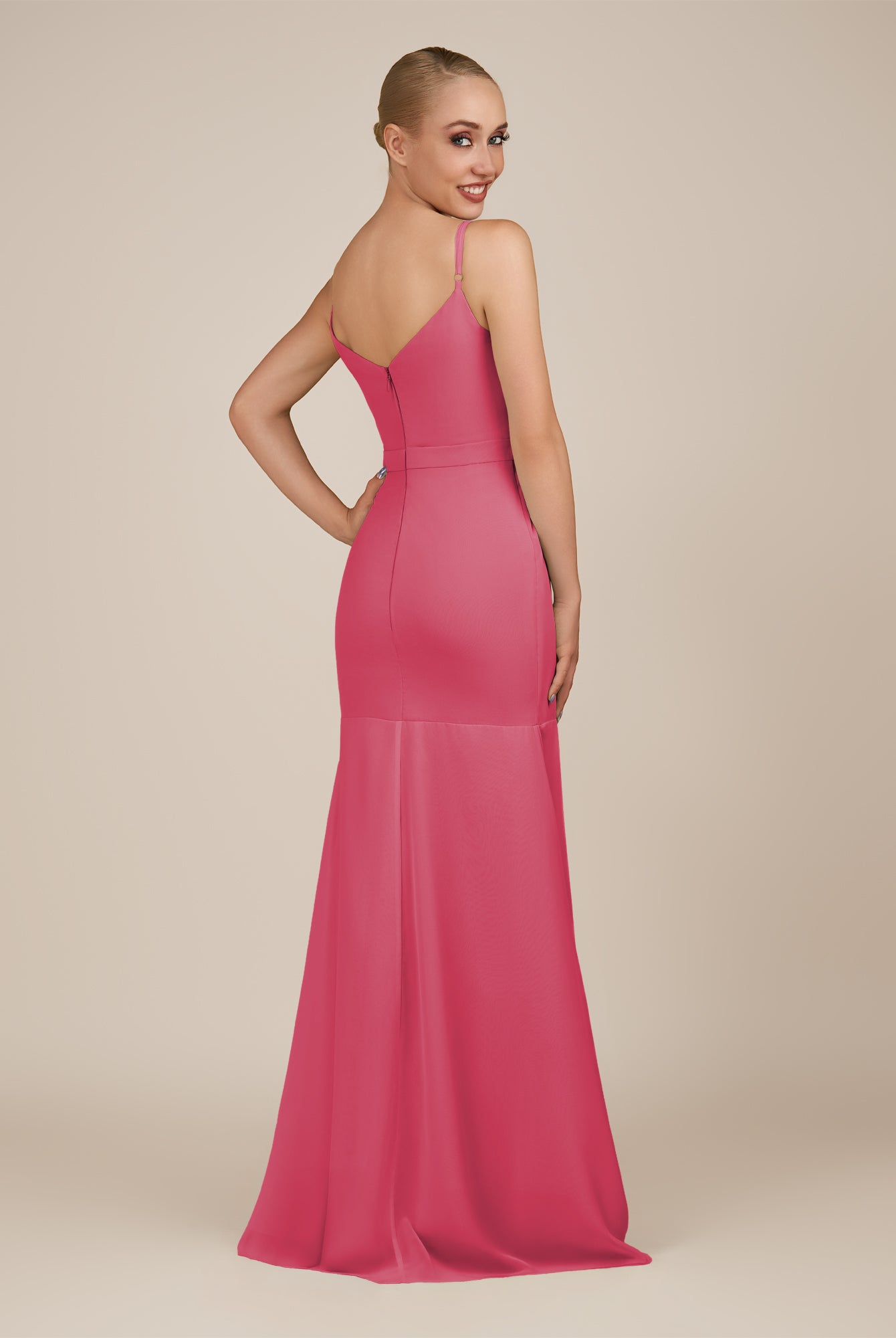 KissDress-Virelai Fuchsia Sheath Scoop Neck Chiffon Long Bridesmaid Dress