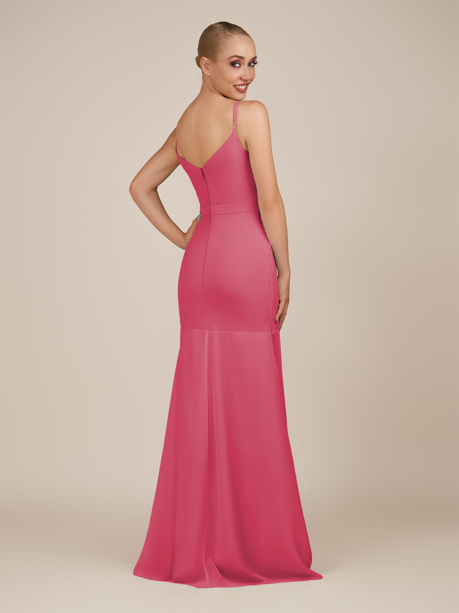 KissDress-Virelai Fuchsia Sheath Scoop Neck Chiffon Long Bridesmaid Dress