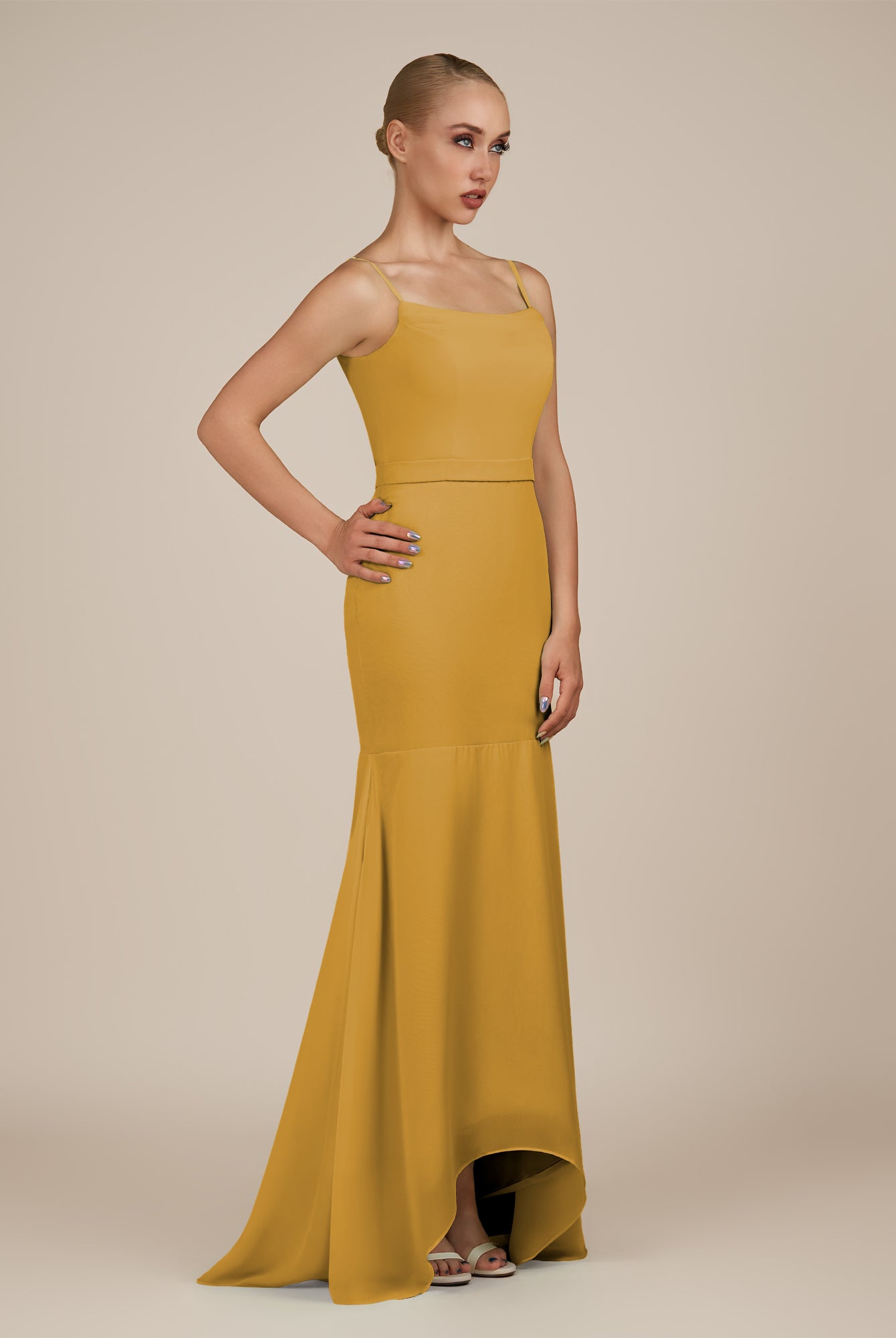 KissDress-Virelai Marigold Sheath Scoop Neck Chiffon Long Bridesmaid Dress