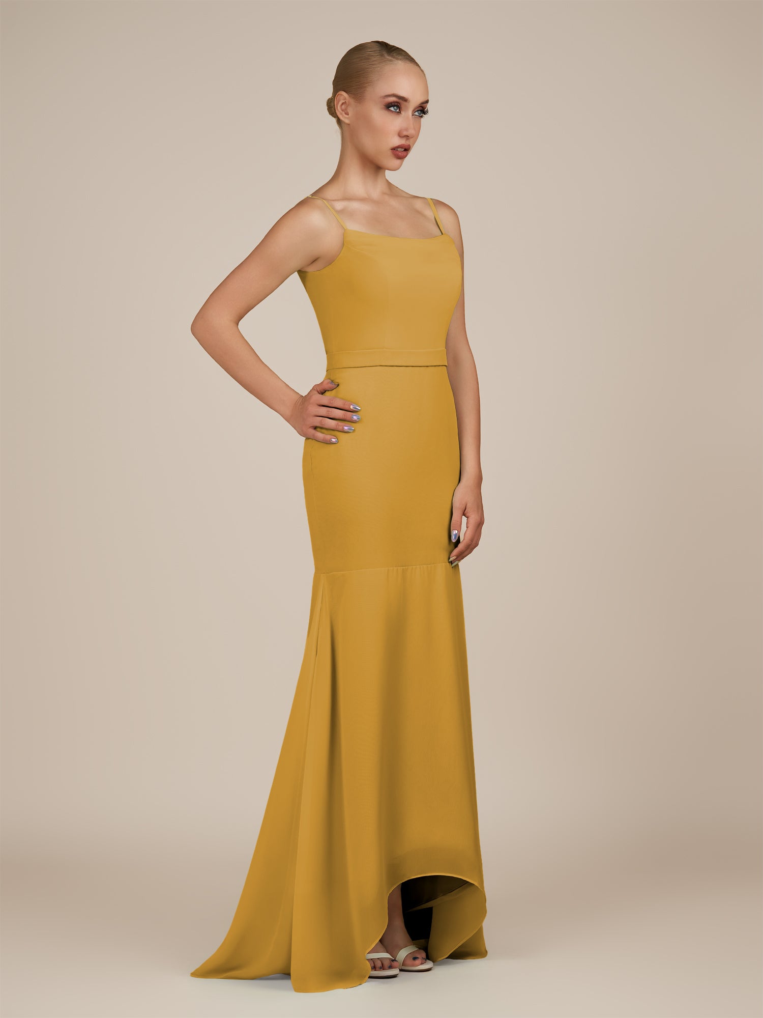 KissDress-Virelai Marigold Sheath Scoop Neck Chiffon Long Bridesmaid Dress