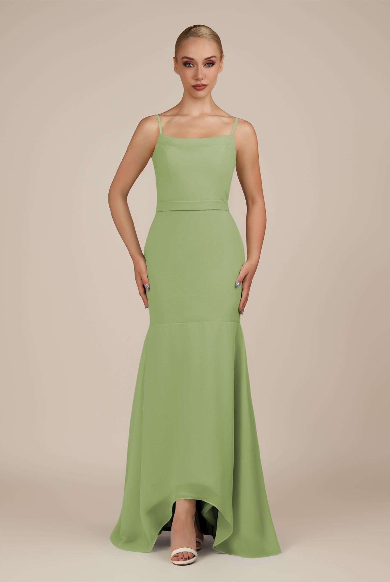 KissDress-Virelai Matcha Sheath Scoop Neck Chiffon Long Bridesmaid Dress